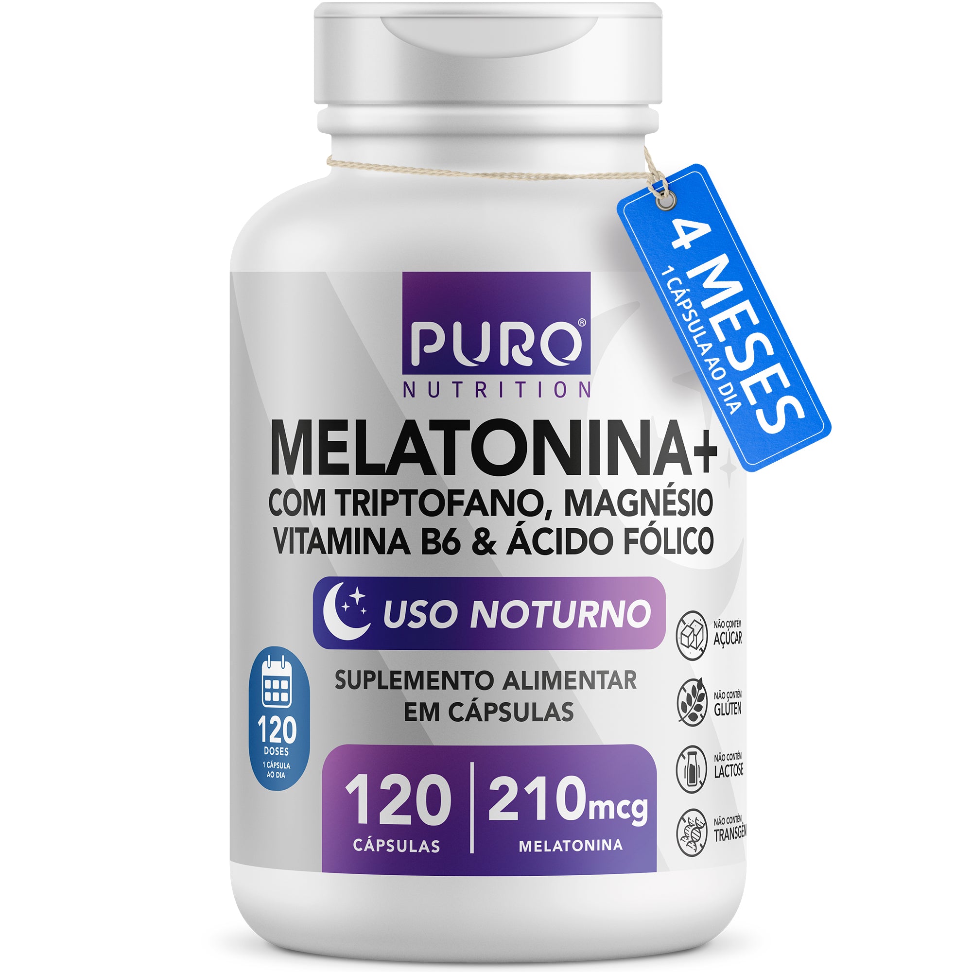 MELATONINA + 210 mcg | Com Triptofano, Magnésio, Ácido Fólico e Vitamina B6 | 120 Cápsulas