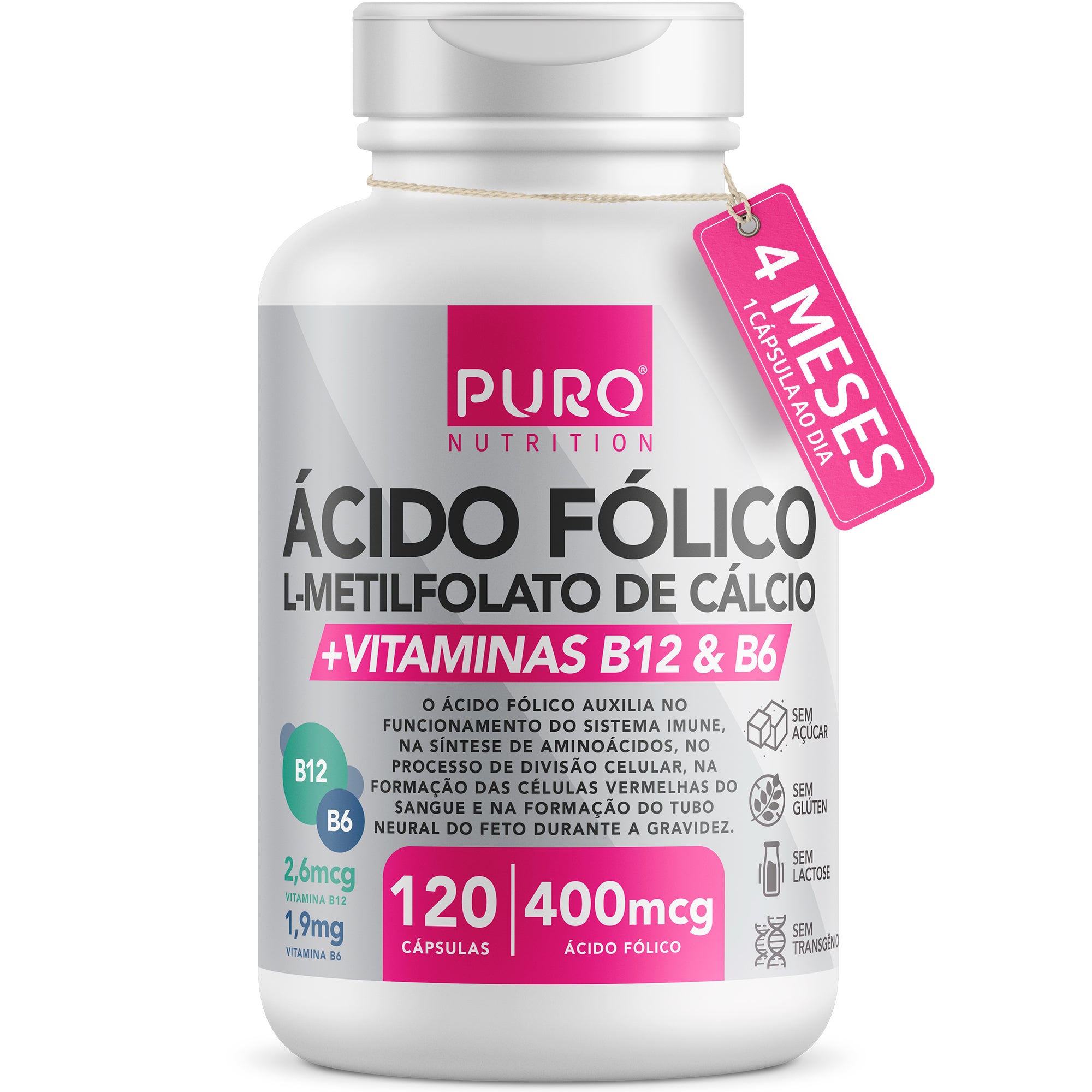 L-Metilfolato Ácido Fólico 400 mcg com Vitaminas B12 e B6 | 120 Cápsulas