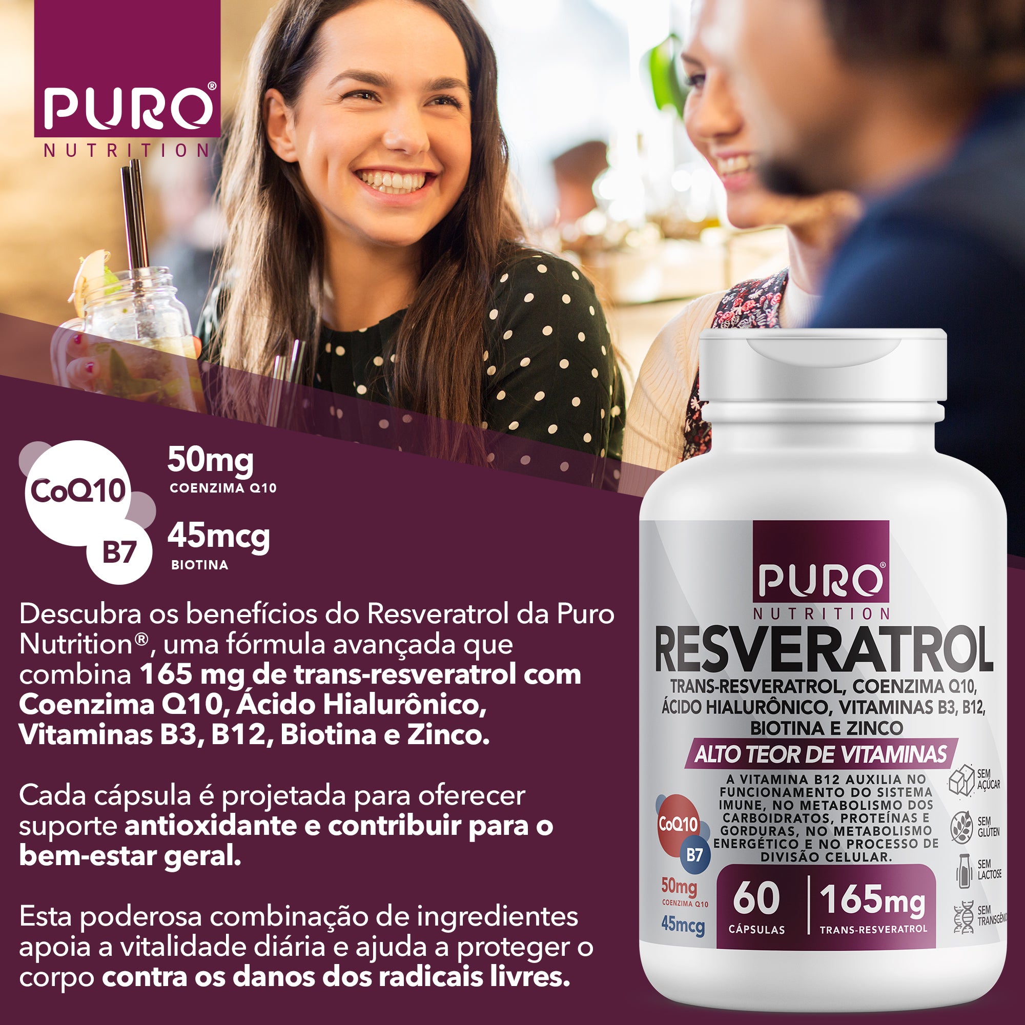RESVERATROL Trans 165 mg com Coenzima Q10 e Ácido Hialurônico | 60 Cápsulas