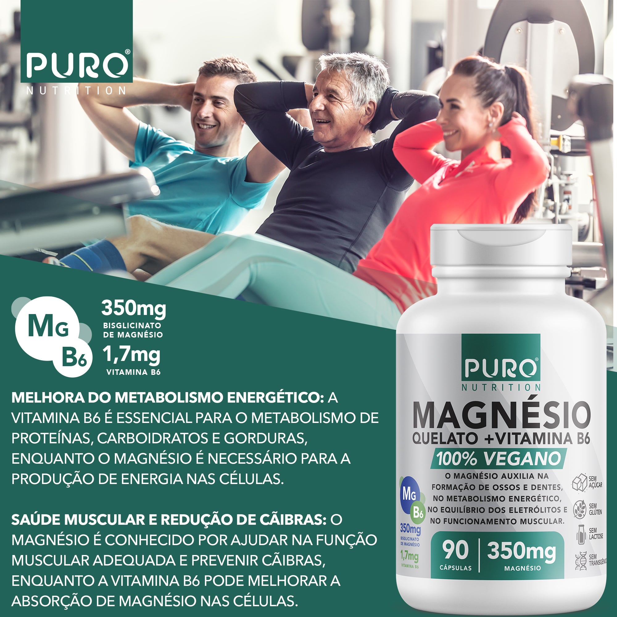 MAGNÉSIO QUELATO, Bisglicinato 350mg com Vitamina B6 | 90 Cápsulas