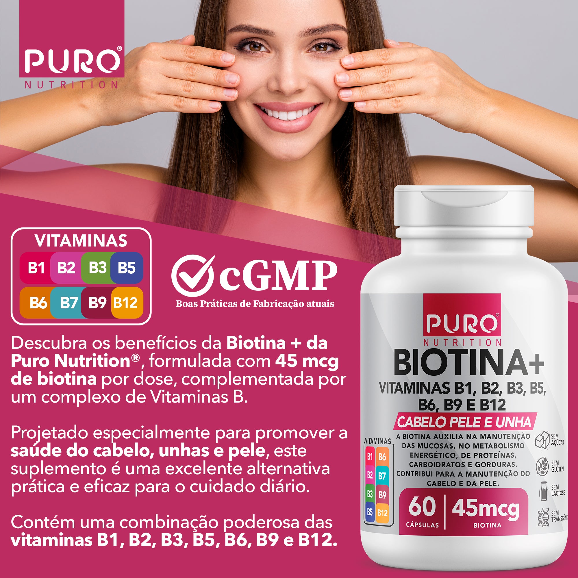 BIOTINA + 45 mcg 45 mcg Pele, Cabelo e Unhas | Vitaminas B1, B2, B3, B5, B6, B9 e B12 | 60 Cápsulas