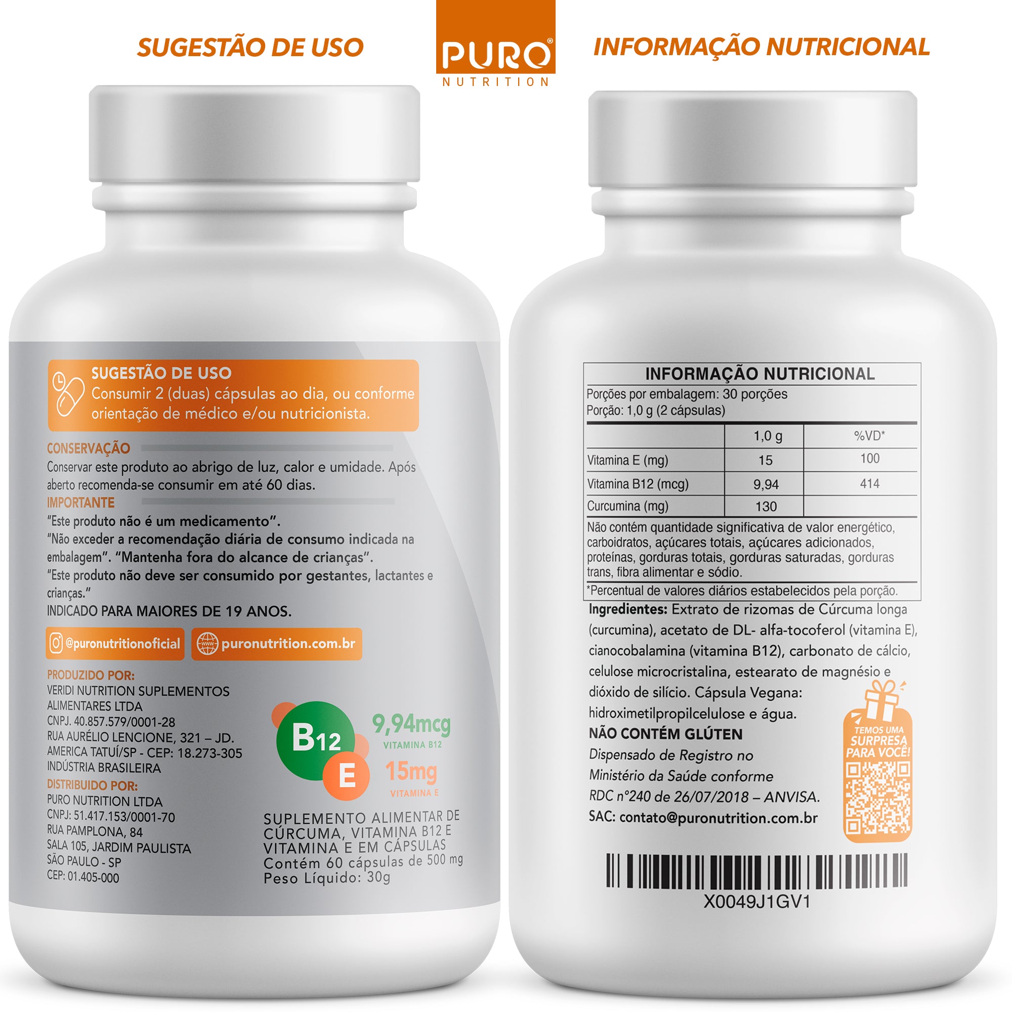 CÚRCUMA em Cápsulas 130 mg com Vitamina B12 + Vitamina E | 60 Cápsulas | Suplemento Vegano