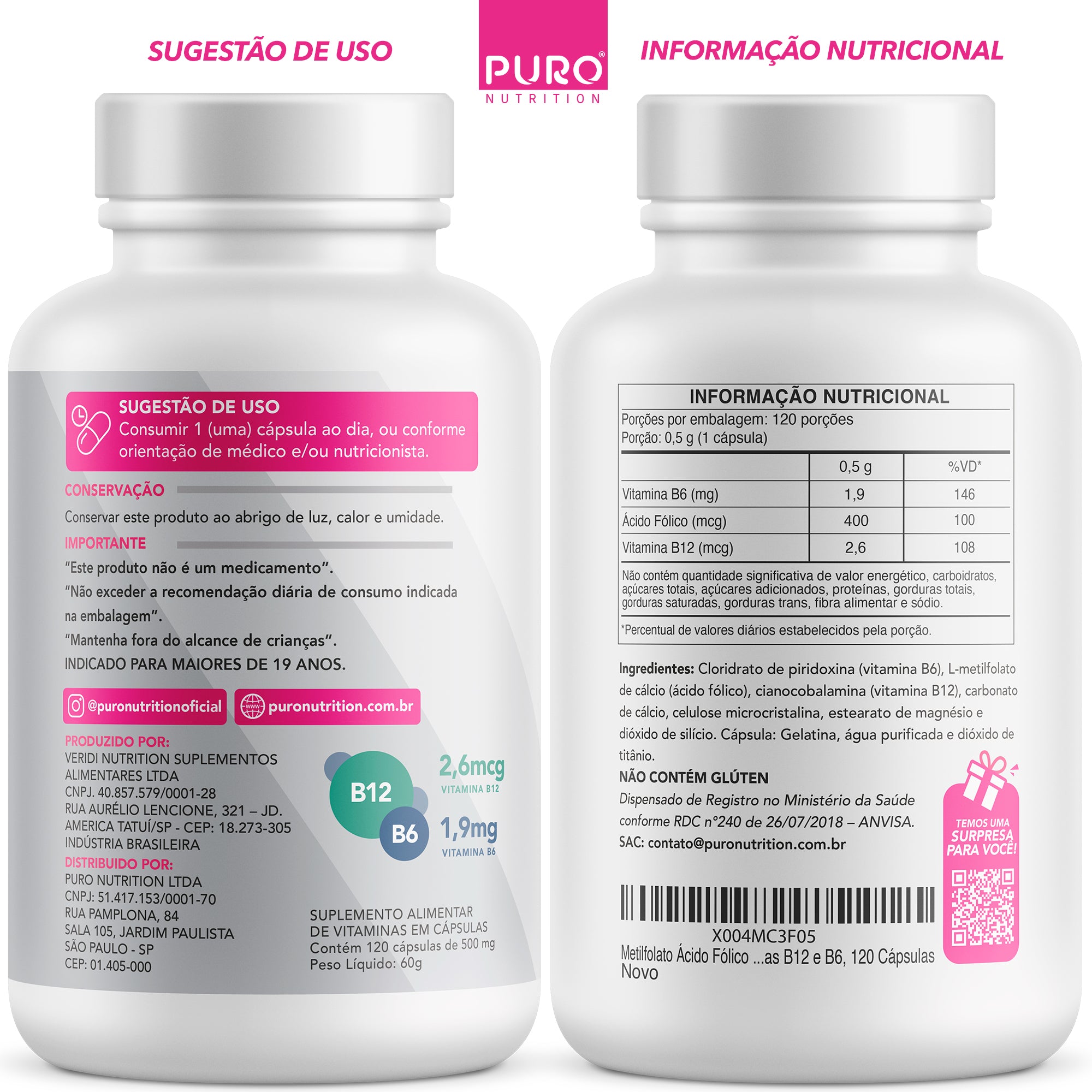 L-Metilfolato Ácido Fólico 400 mcg com Vitaminas B12 e B6 | 120 Cápsulas