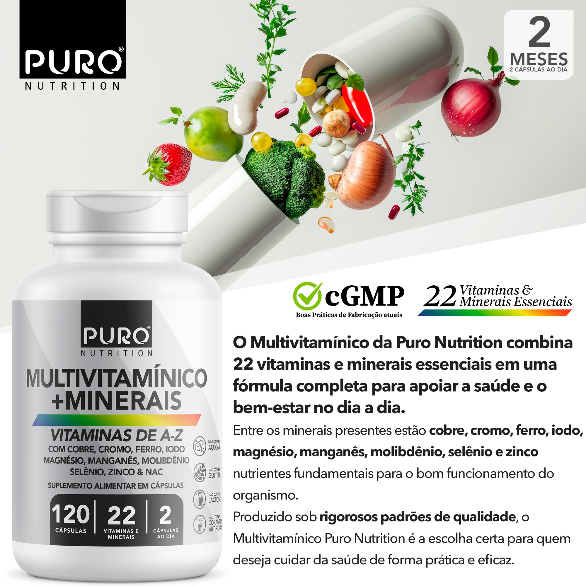 MULTIVITAMÍNICO | 22 Vitaminas e Minerais de A-Z | 120 Cápsulas