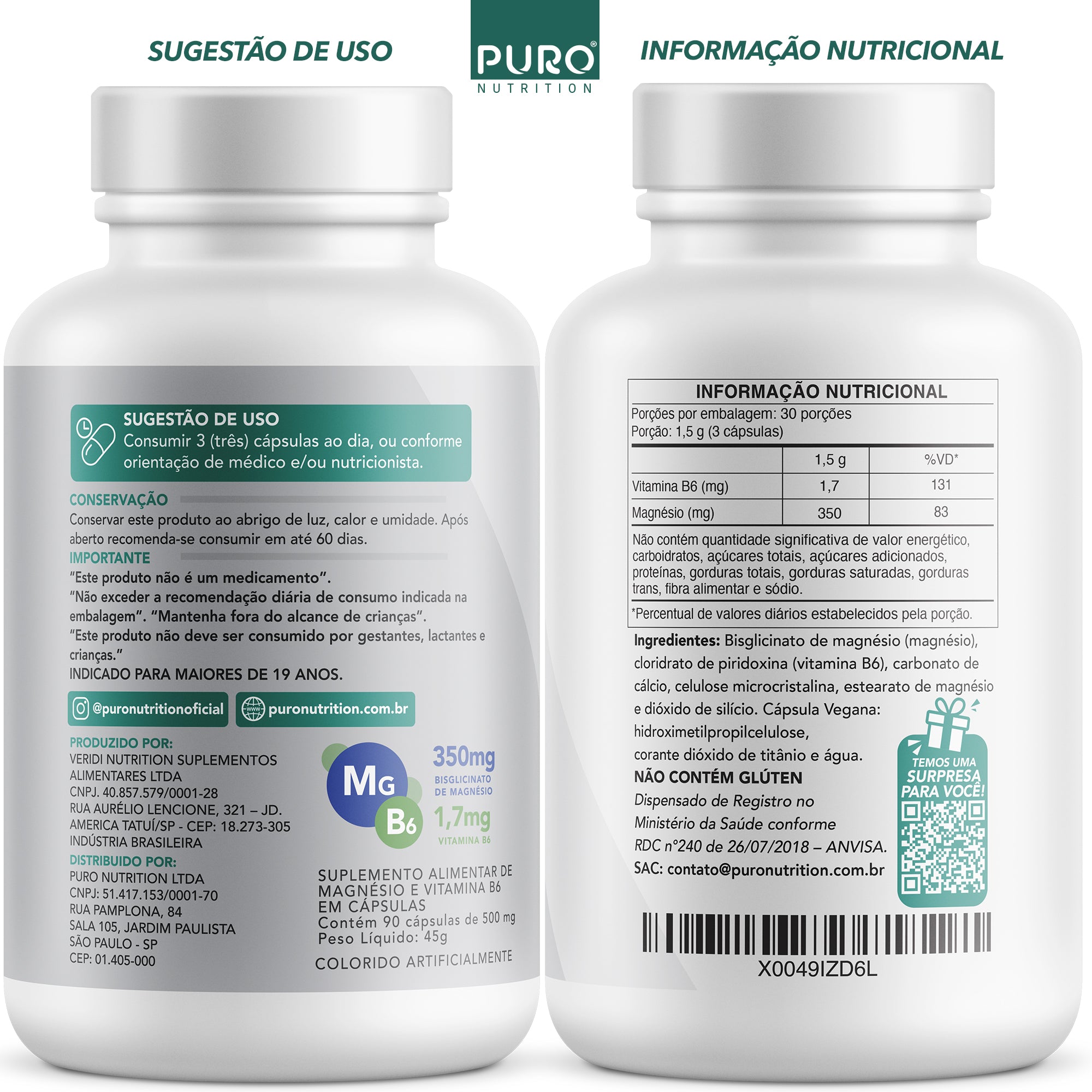 MAGNÉSIO QUELATO, Bisglicinato 350mg com Vitamina B6 | 90 Cápsulas