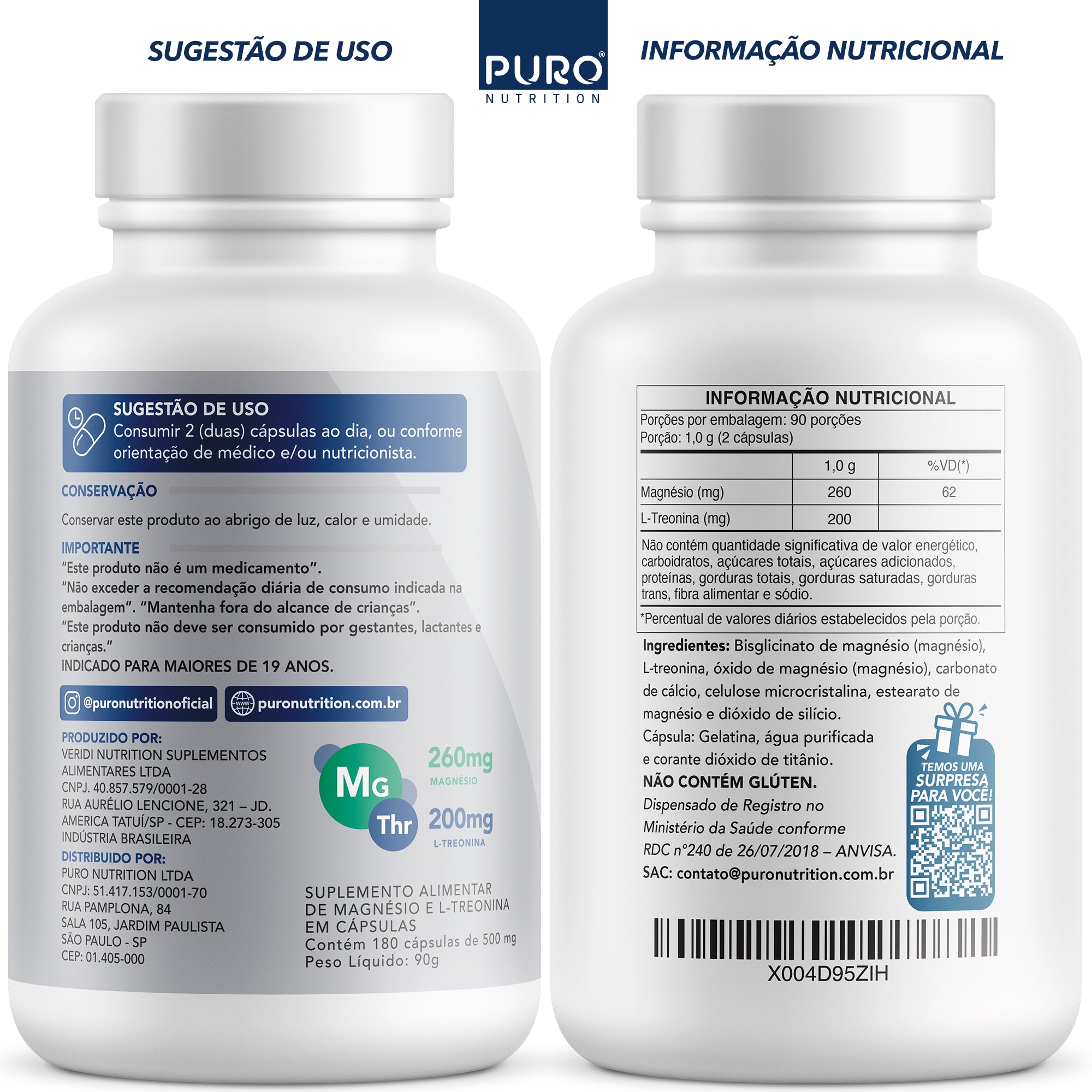 TREONATO MAGNÉSIO + L-TREONINA 460mg | 180 Cápsulas