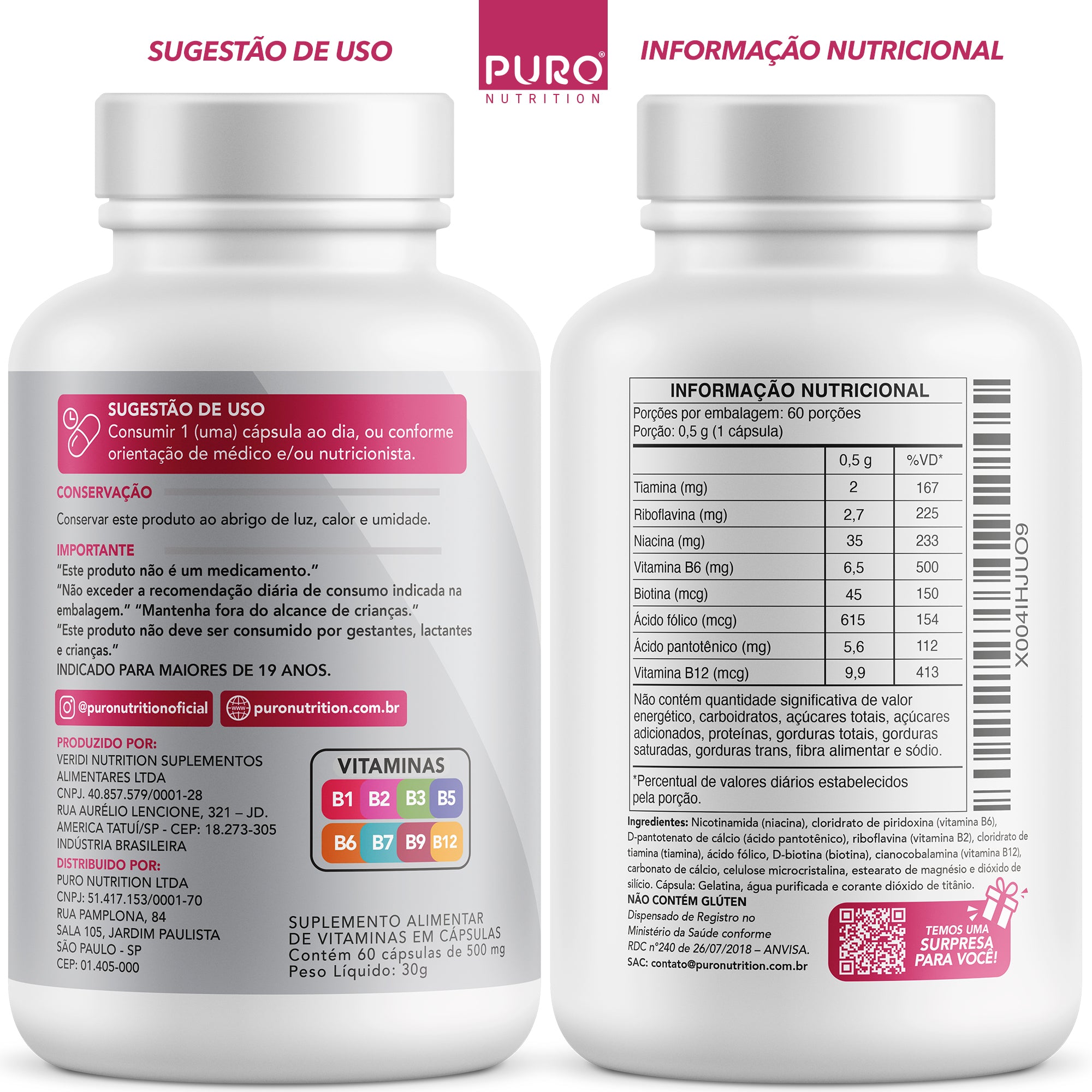 BIOTINA + 45 mcg 45 mcg Pele, Cabelo e Unhas | Vitaminas B1, B2, B3, B5, B6, B9 e B12 | 60 Cápsulas