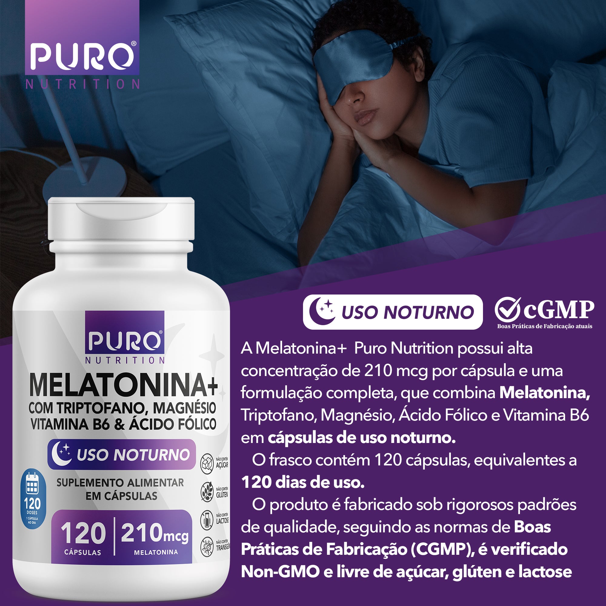 MELATONINA + 210 mcg | Com Triptofano, Magnésio, Ácido Fólico e Vitamina B6 | 120 Cápsulas