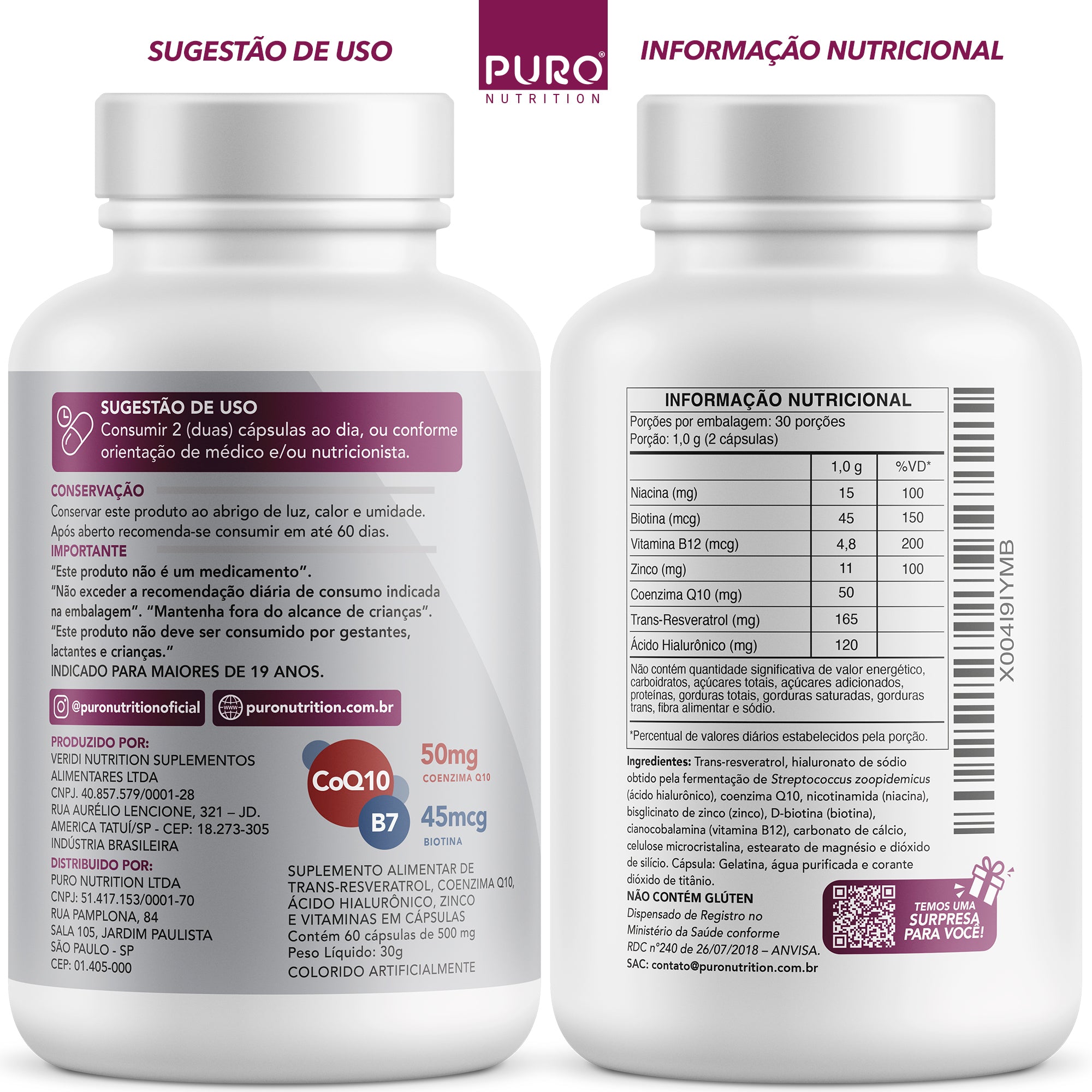 RESVERATROL Trans 165 mg com Coenzima Q10 e Ácido Hialurônico | 60 Cápsulas