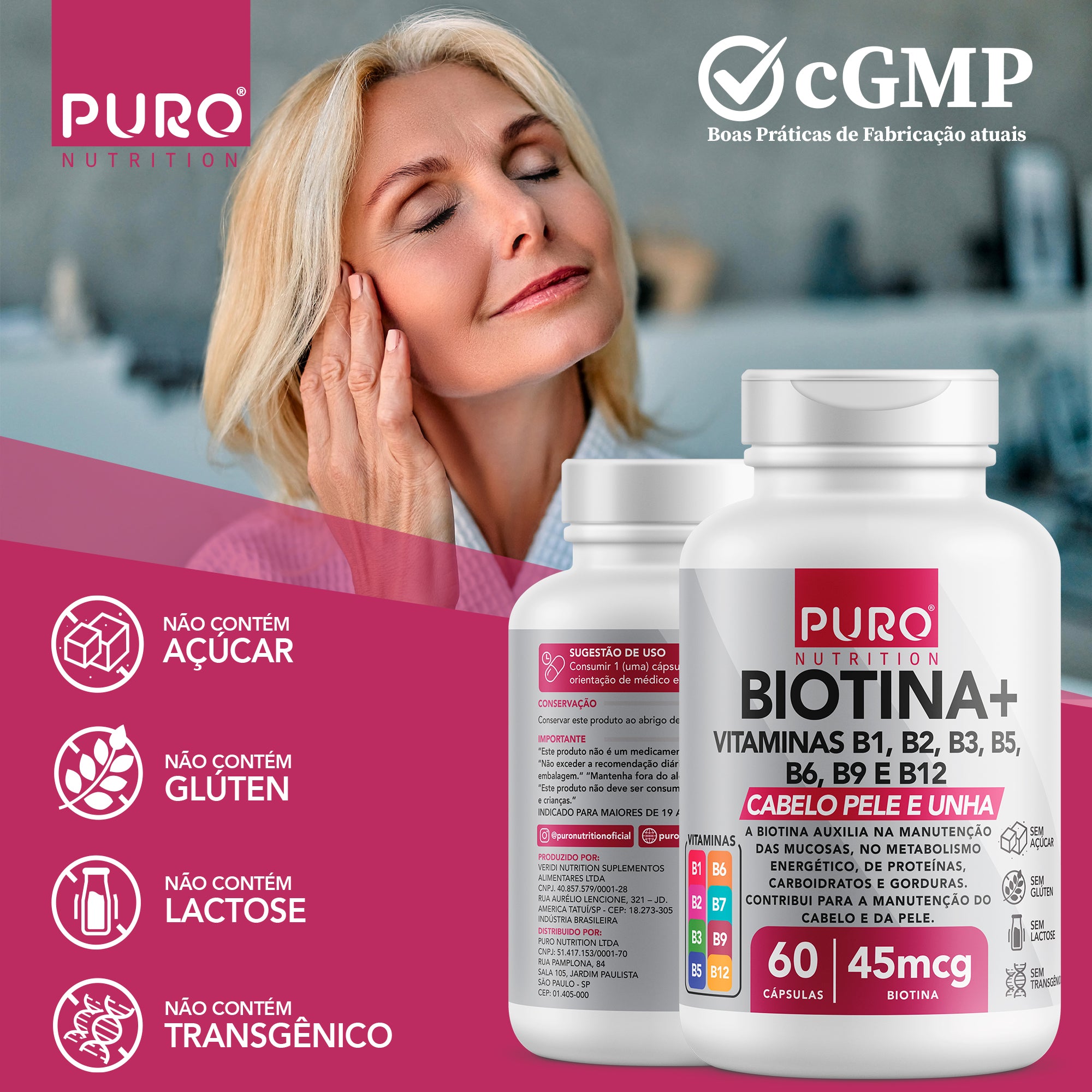 BIOTINA + 45 mcg 45 mcg Pele, Cabelo e Unhas | Vitaminas B1, B2, B3, B5, B6, B9 e B12 | 60 Cápsulas
