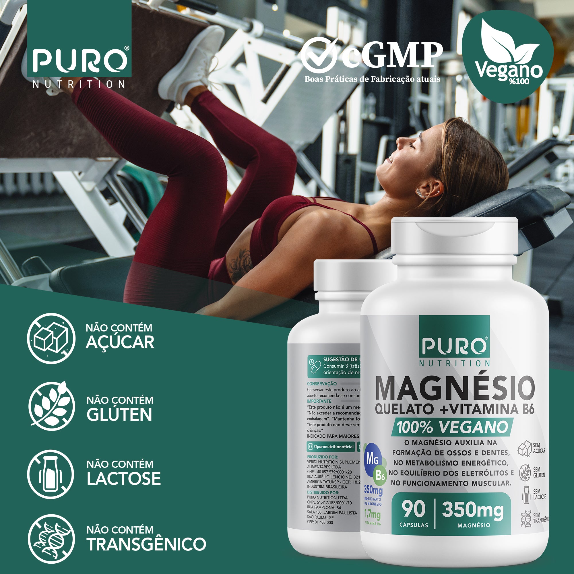MAGNÉSIO QUELATO, Bisglicinato 350mg com Vitamina B6 | 90 Cápsulas