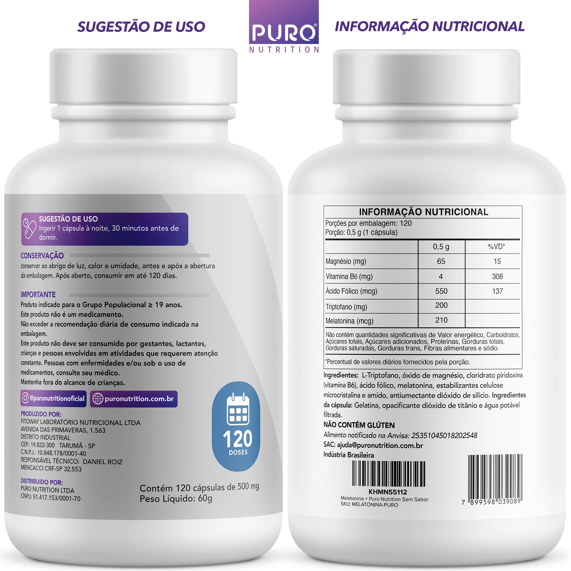MELATONINA + 210 mcg | Com Triptofano, Magnésio, Ácido Fólico e Vitamina B6 | 120 Cápsulas