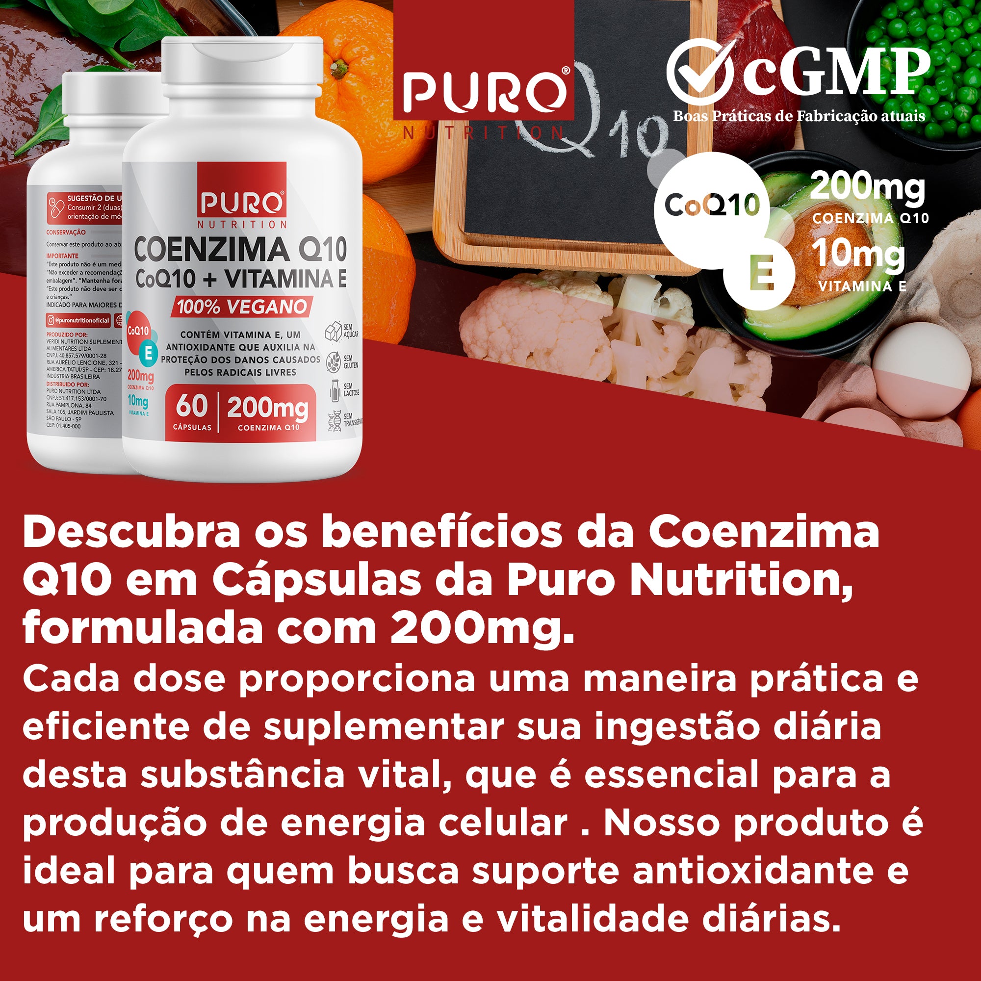 COQ-10: Coenzima Q10 200 mg + Vitamina E | 60 Cápsulas | Suplemento Vegano