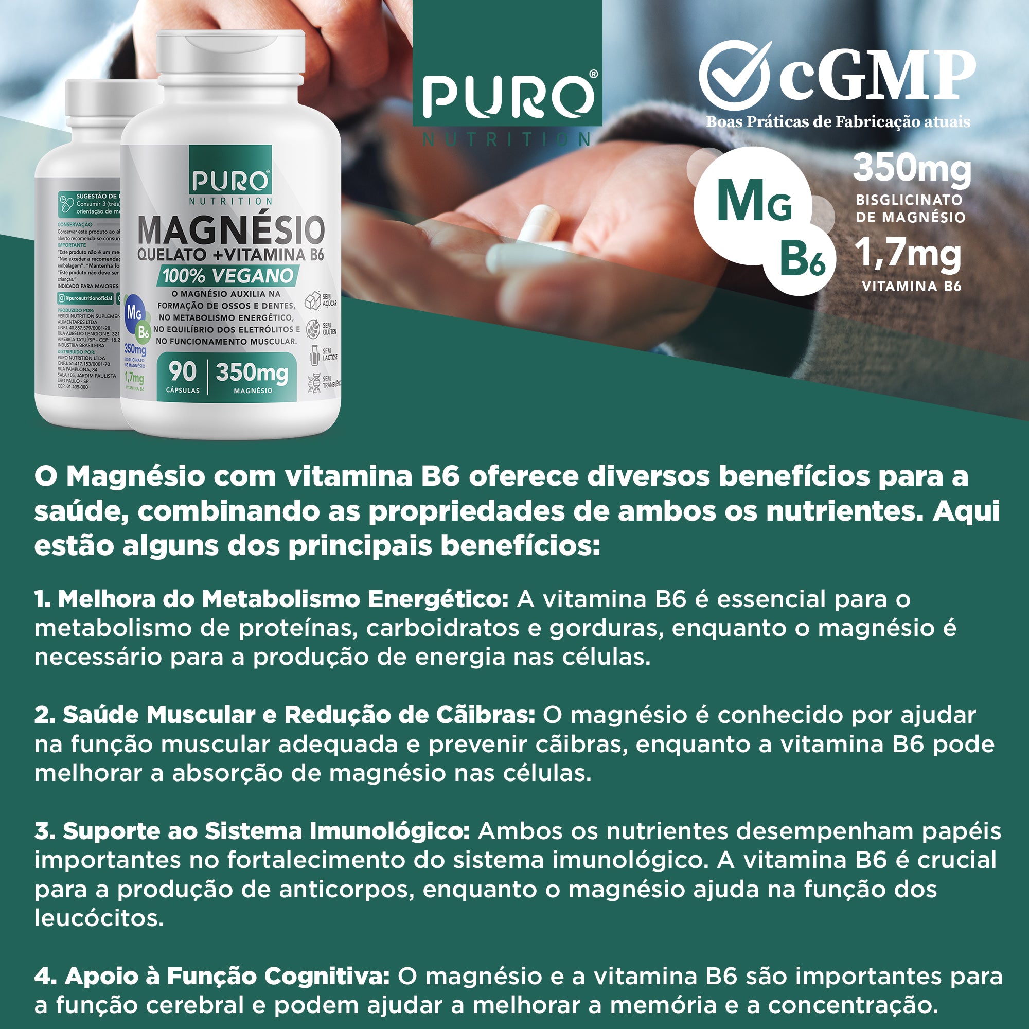 MAGNÉSIO QUELATO, Bisglicinato 350mg com Vitamina B6 | 90 Cápsulas