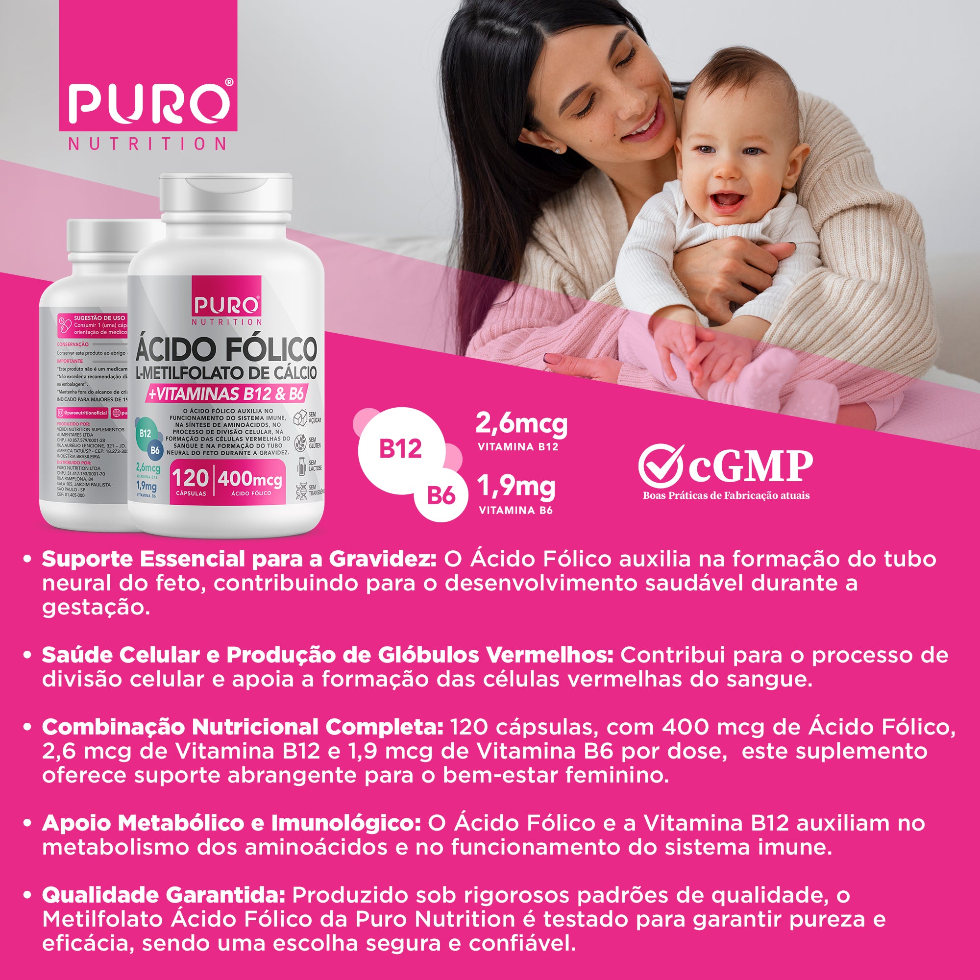 L-Metilfolato Ácido Fólico 400 mcg com Vitaminas B12 e B6 | 120 Cápsulas