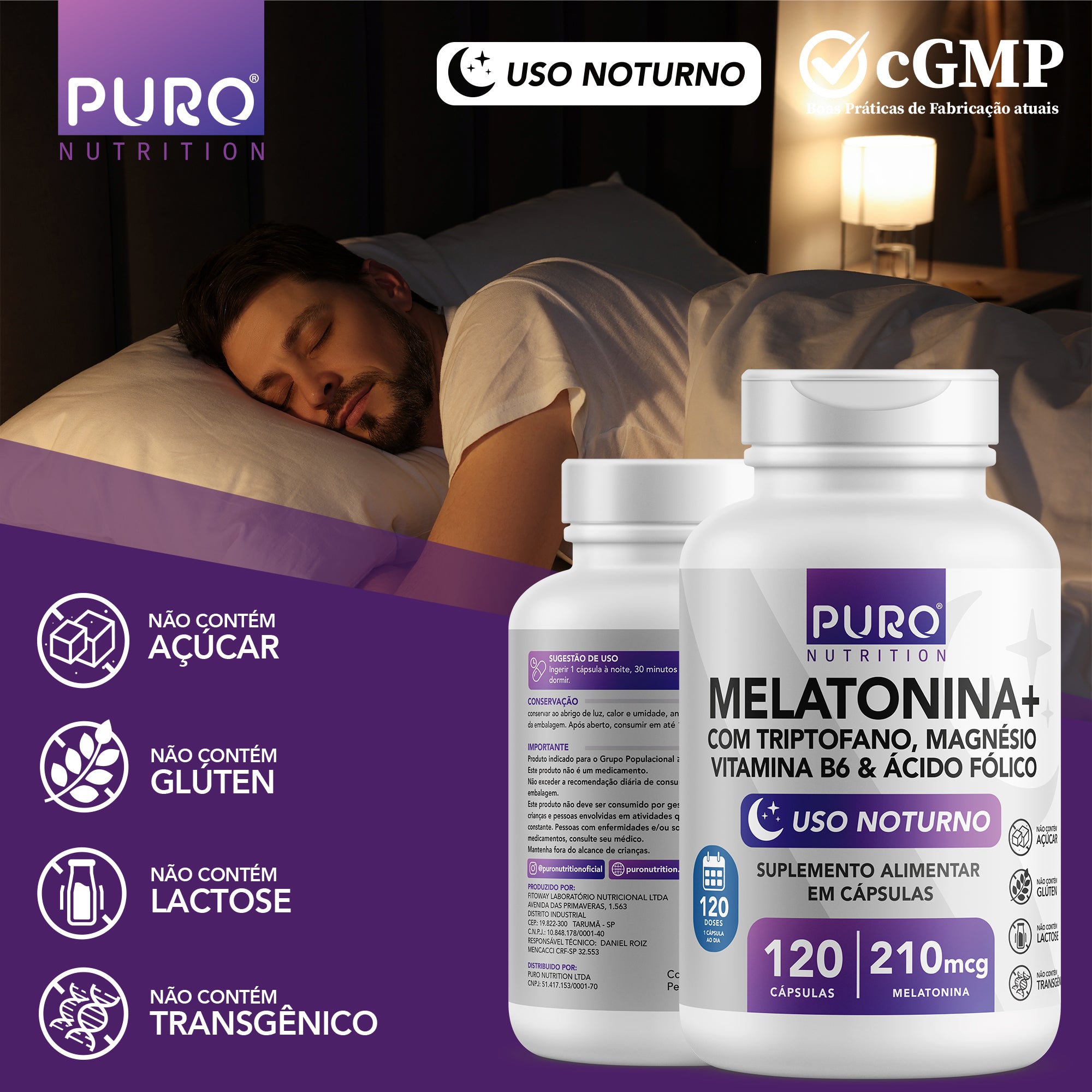 MELATONINA + 210 mcg | Com Triptofano, Magnésio, Ácido Fólico e Vitamina B6 | 120 Cápsulas