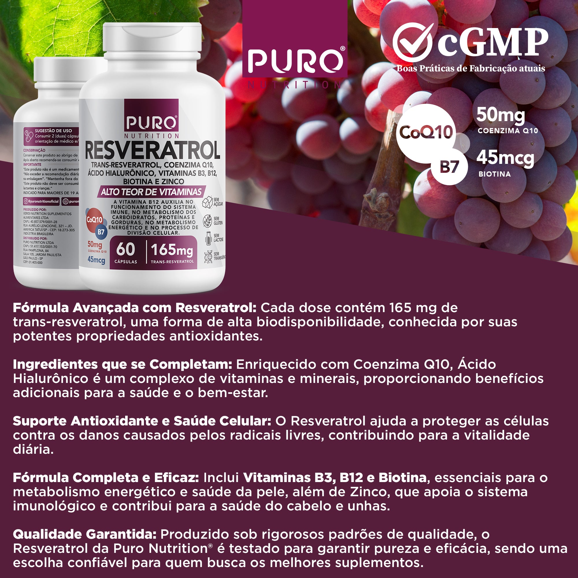 RESVERATROL Trans 165 mg com Coenzima Q10 e Ácido Hialurônico | 60 Cápsulas