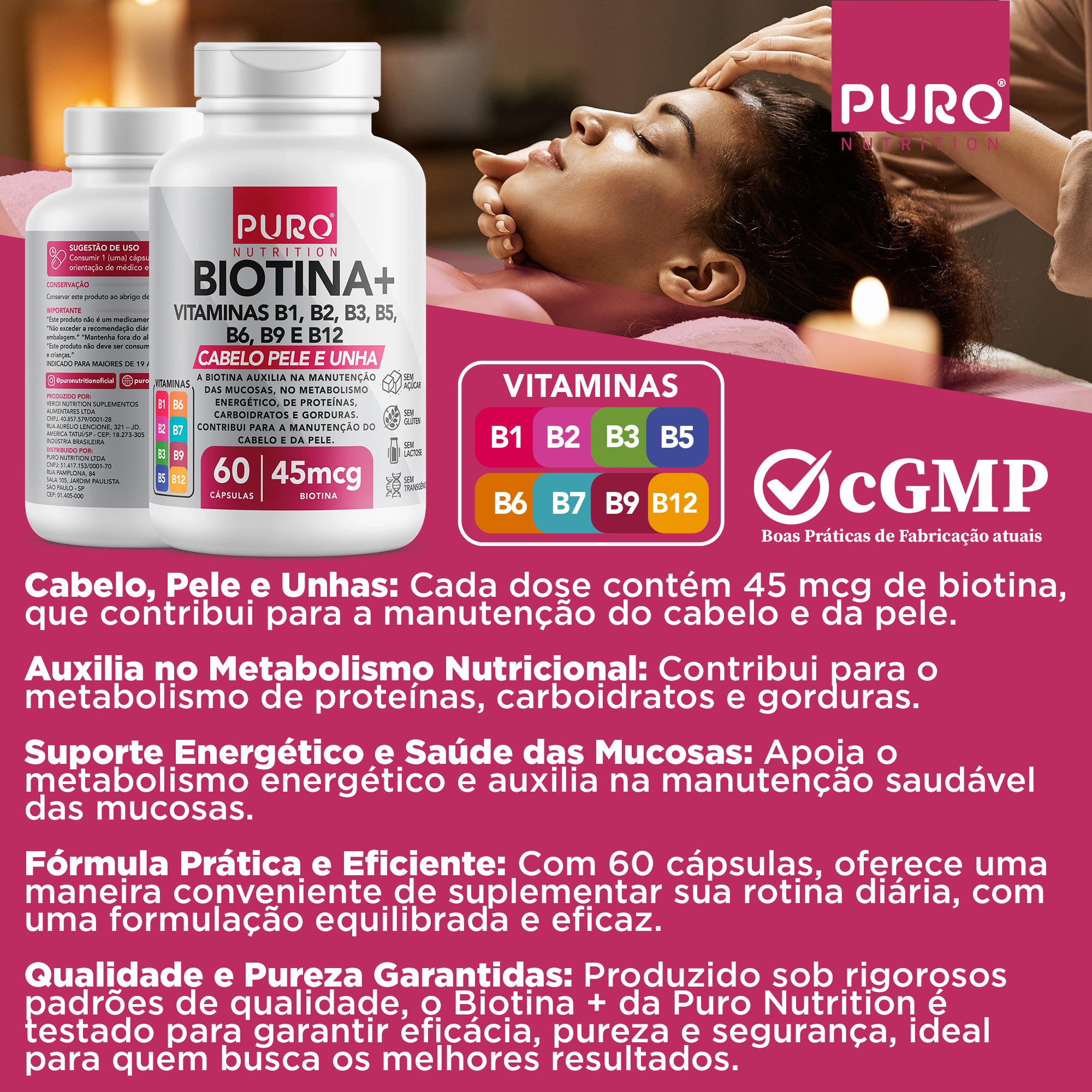 BIOTINA + 45 mcg 45 mcg Pele, Cabelo e Unhas | Vitaminas B1, B2, B3, B5, B6, B9 e B12 | 60 Cápsulas