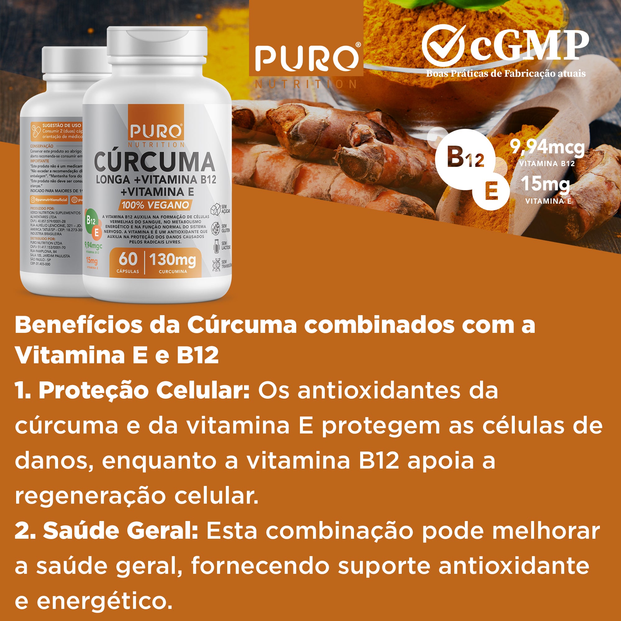 CÚRCUMA em Cápsulas 130 mg com Vitamina B12 + Vitamina E | 60 Cápsulas | Suplemento Vegano