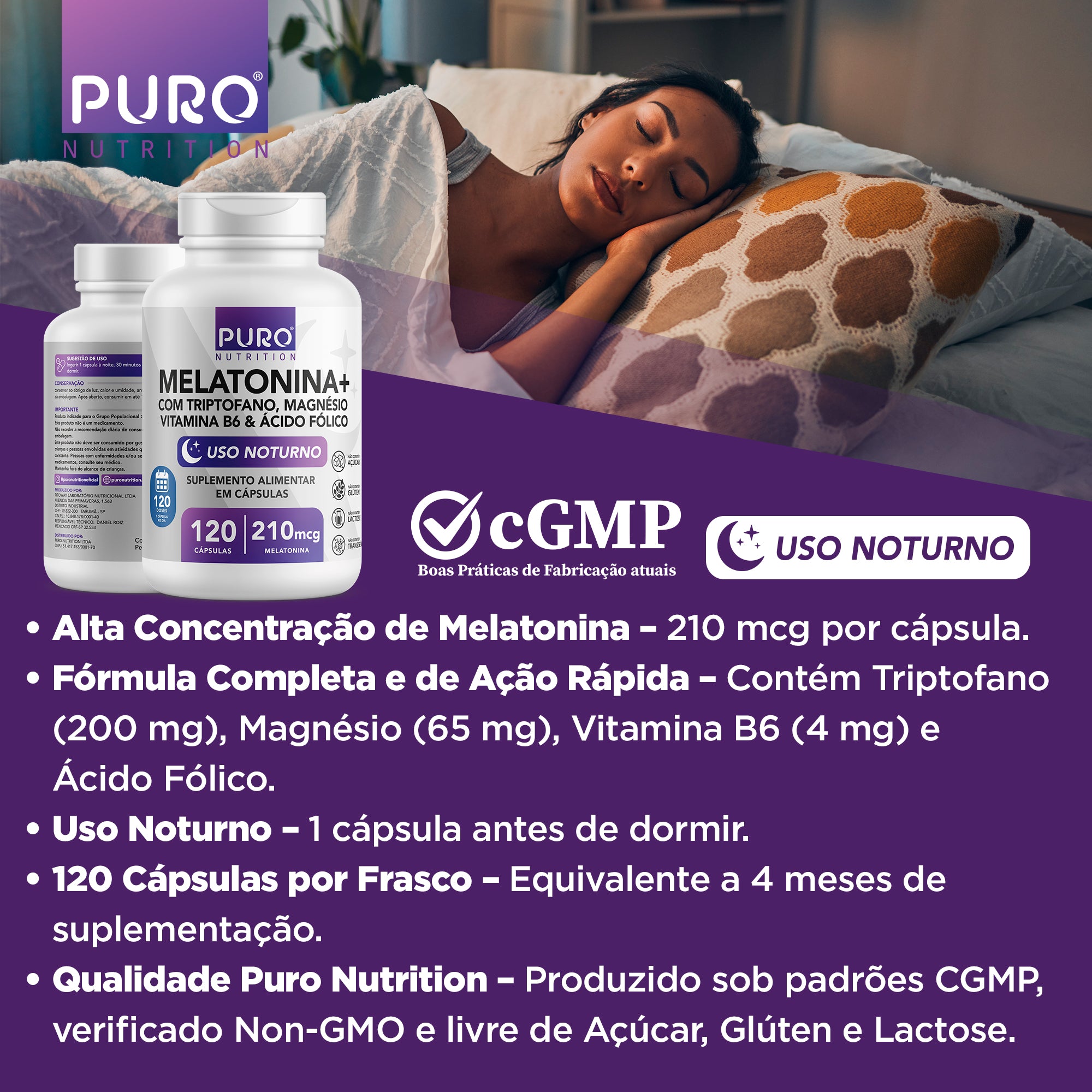 MELATONINA + 210 mcg | Com Triptofano, Magnésio, Ácido Fólico e Vitamina B6 | 120 Cápsulas