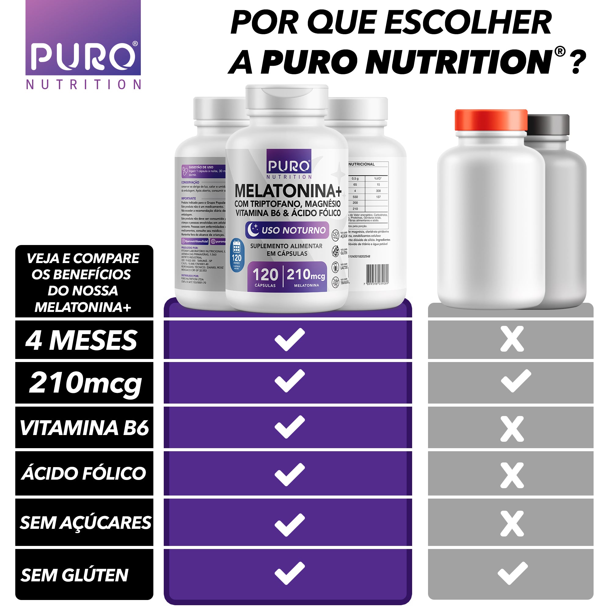 MELATONINA + 210 mcg | Com Triptofano, Magnésio, Ácido Fólico e Vitamina B6 | 120 Cápsulas