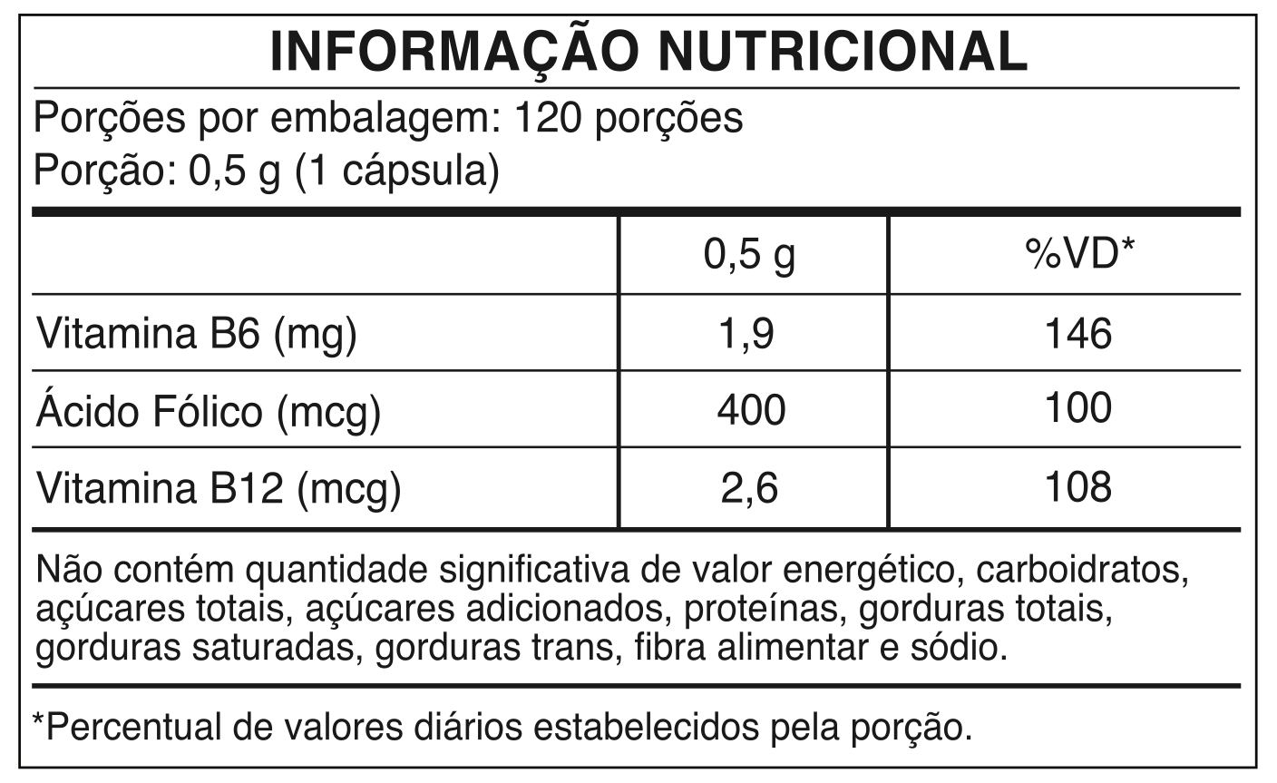 Tabela nutricional - L-Metilfolato Ácido Fólico 400 mcg com Vitaminas B12 e B6 | 120 Cápsulas