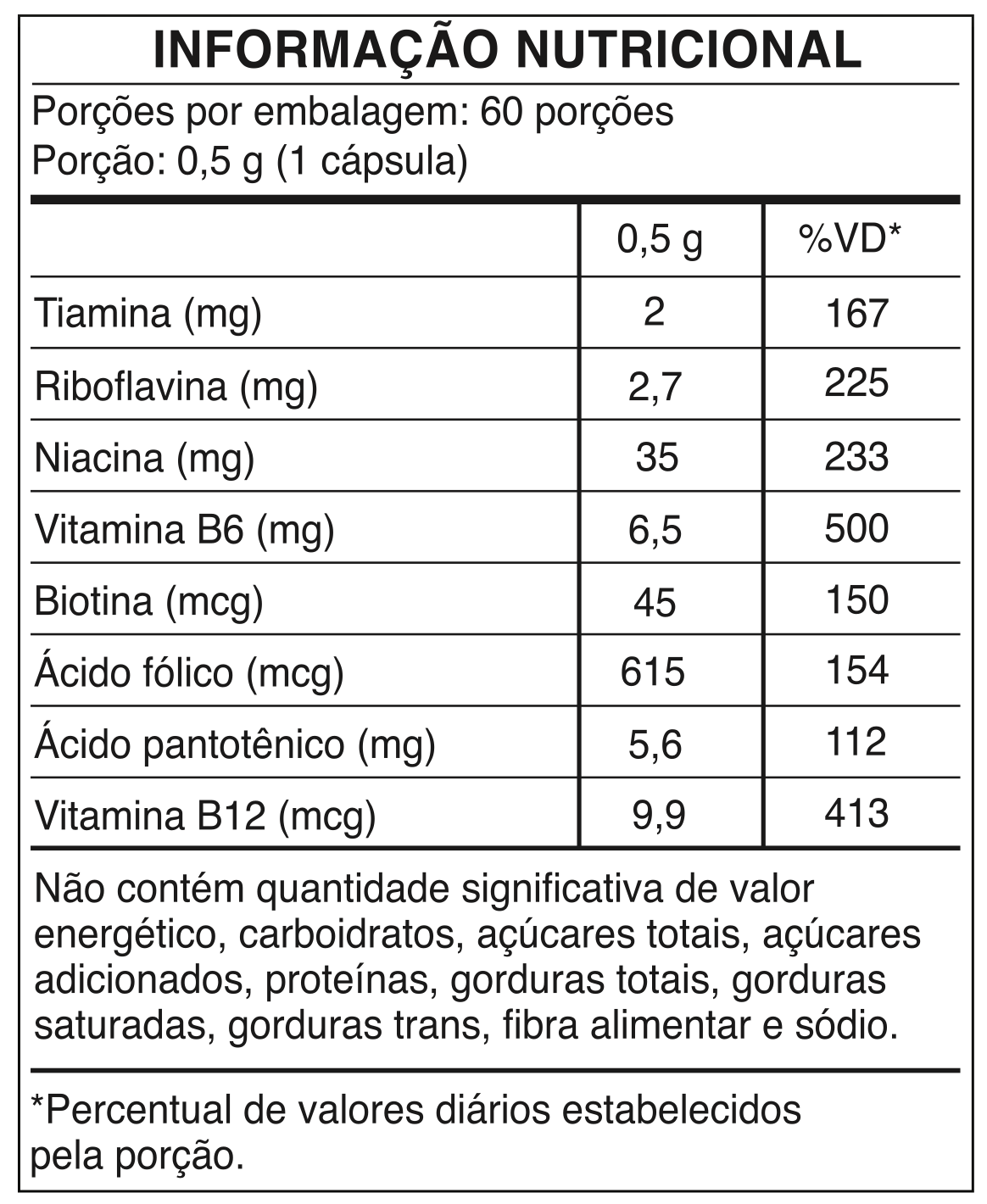 Tabela nutricional - BIOTINA + 45 mcg 45 mcg Pele, Cabelo e Unhas | Vitaminas B1, B2, B3, B5, B6, B9 e B12 | 60 Cápsulas