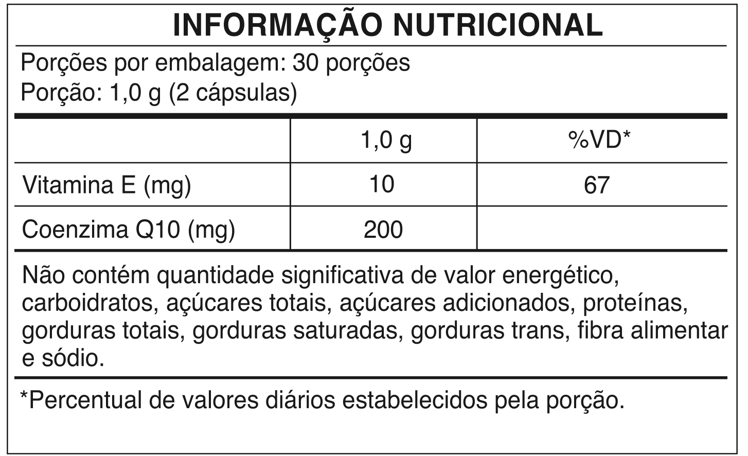 Tabela nutricional - COQ-10: Coenzima Q10 200 mg + Vitamina E | 60 Cápsulas | Suplemento Vegano