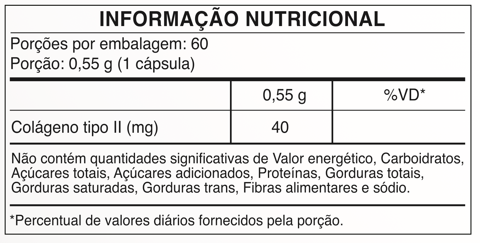Tabela nutricional - COLÁGENO Tipo II | 40 mg | 60 Cápsulas