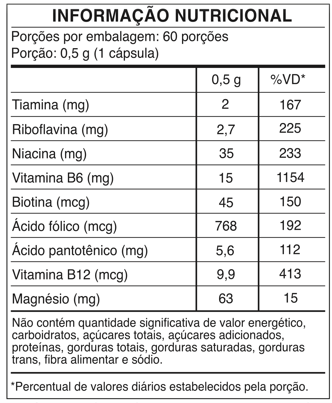 Tabela nutricional - COMPLEXO B com Vitaminas B1, B2, B3, B5, B6, B9, B12 e Magnésio | 60 Cápsulas