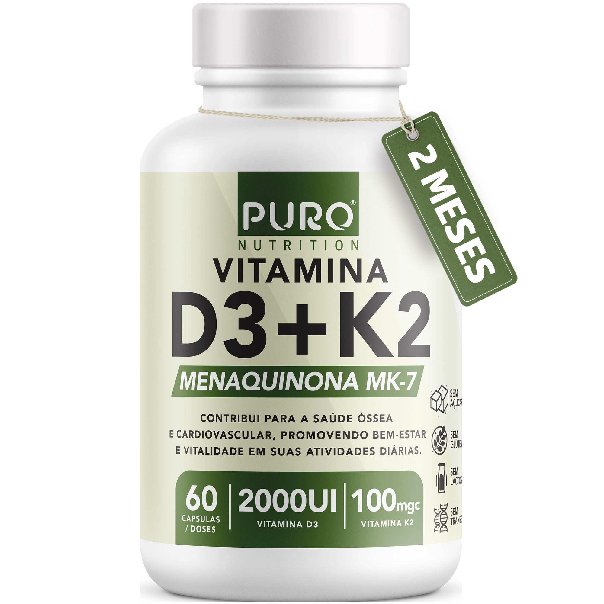 VITAMINA D3 + K2 2000 UI D3 com 100mcg de Vitamina K2 MK-7 | 60 Cápsulas