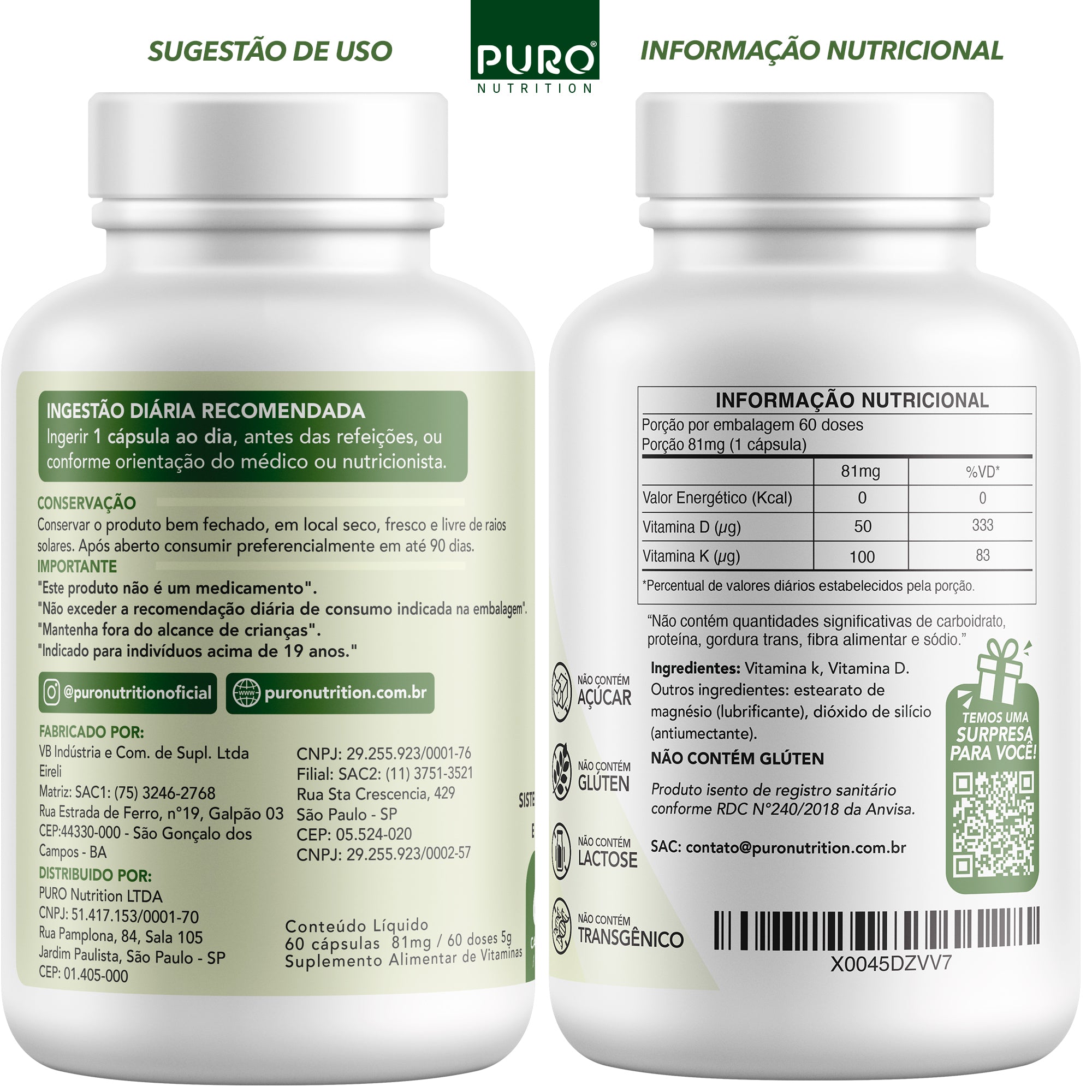 VITAMINA D3 + K2 2000 UI D3 com 100mcg de Vitamina K2 MK-7 | 60 Cápsulas