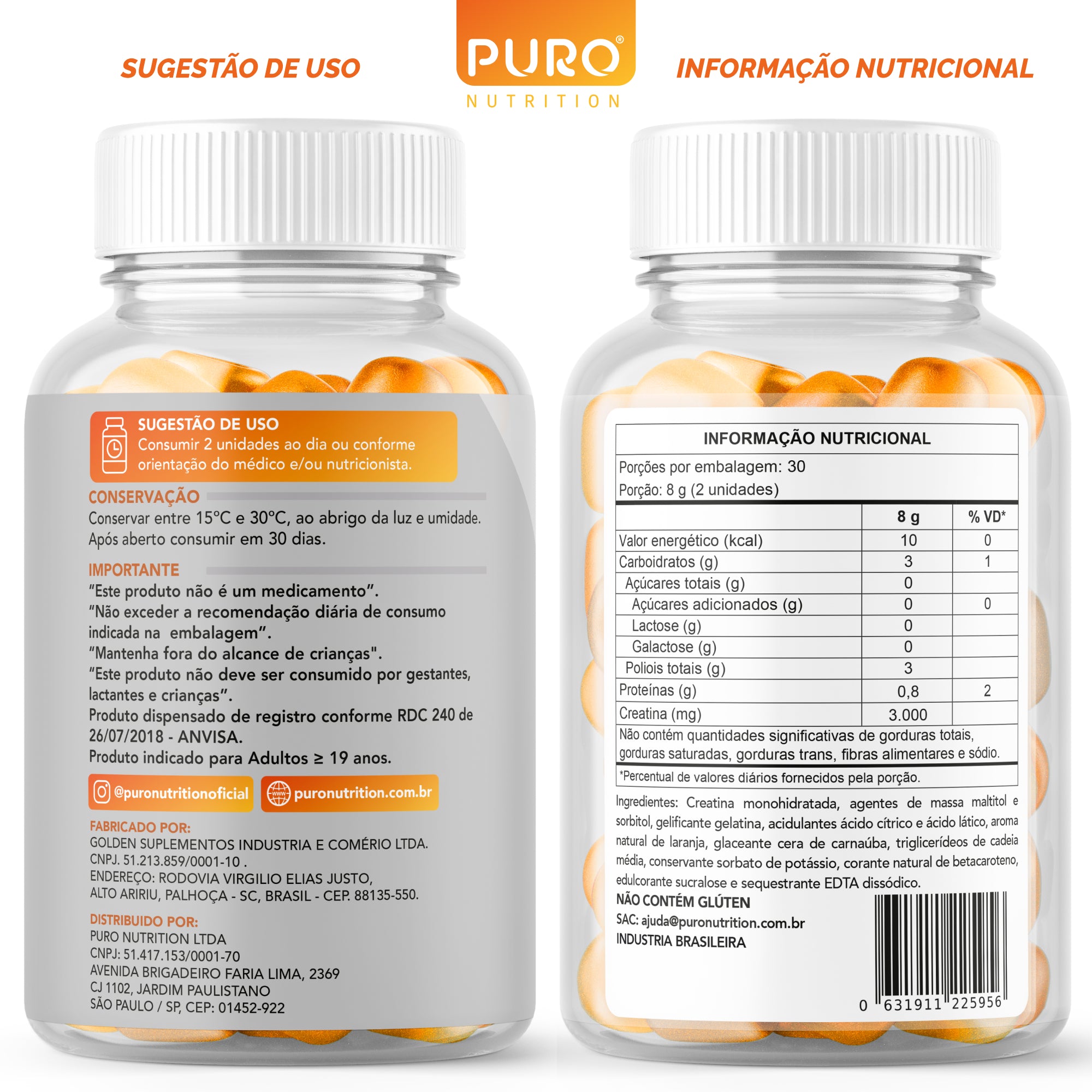 CREATINA GUMMY 3g de Creatina Monohidratada Por Dose | 60 Gummies (30 doses) | Sabor Laranja | Zero Açúcar