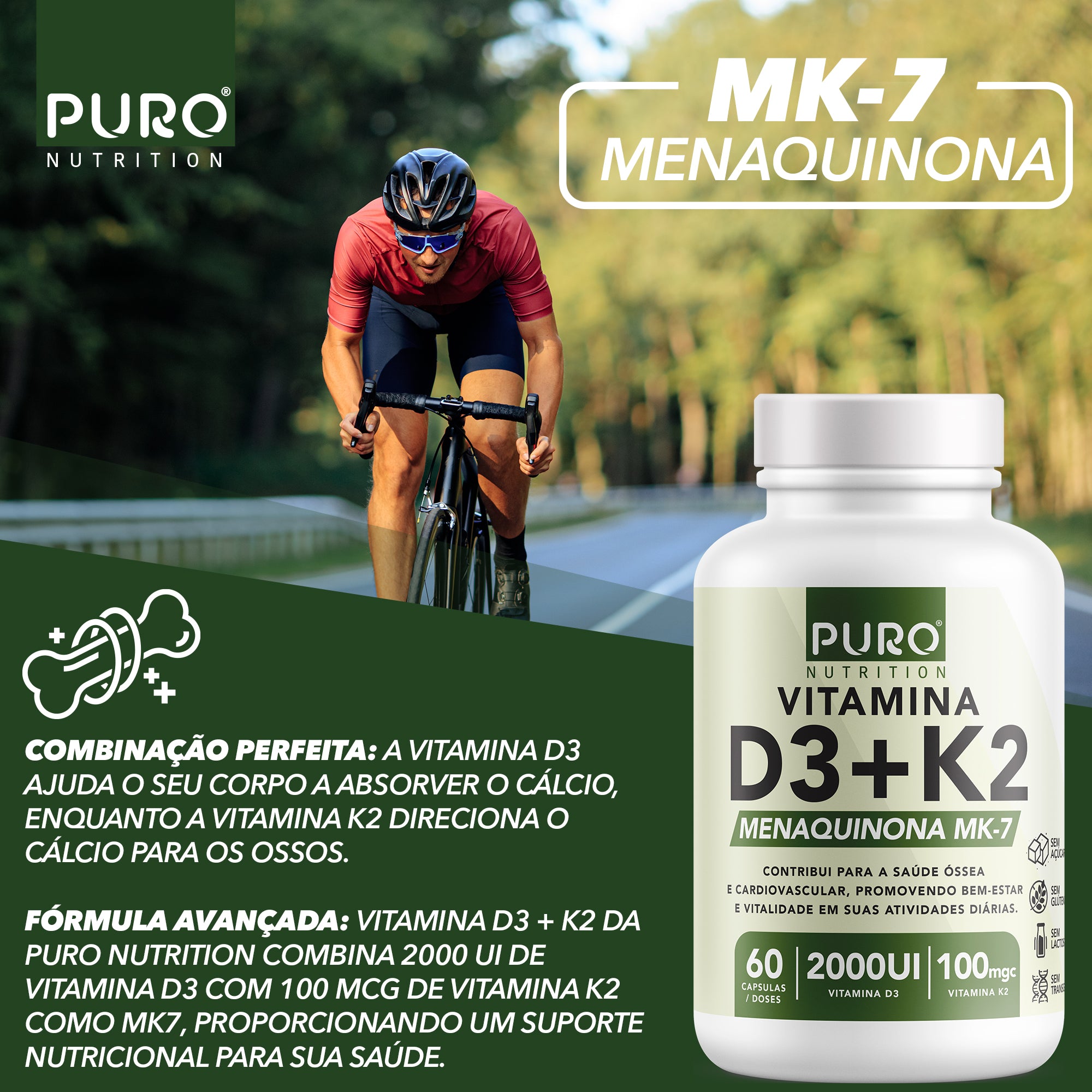 VITAMINA D3 + K2 2000 UI D3 com 100mcg de Vitamina K2 MK-7 | 60 Cápsulas