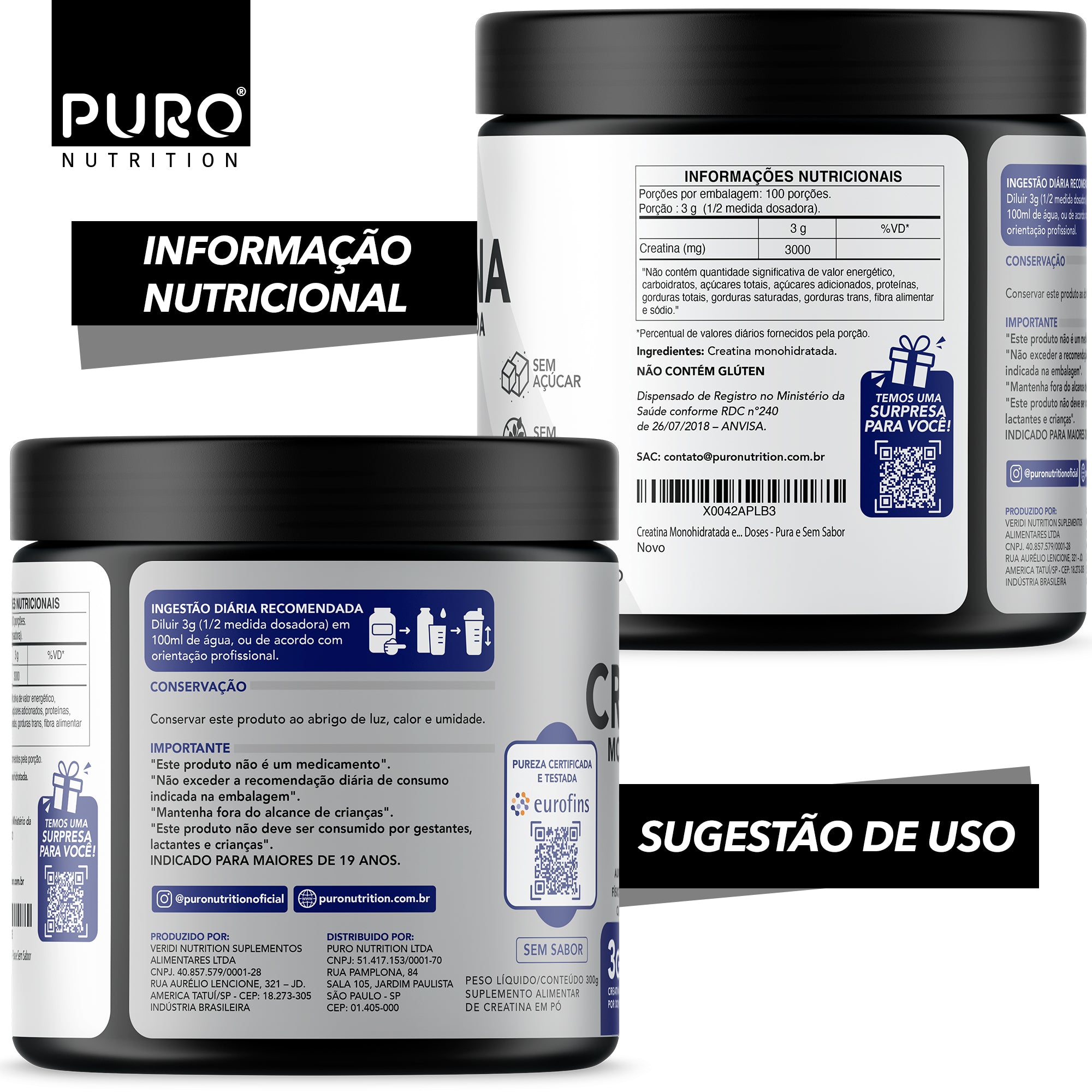 CREATINA Monohidratada em Pó | 100 Doses | Pura e Sem Sabor | 300g
