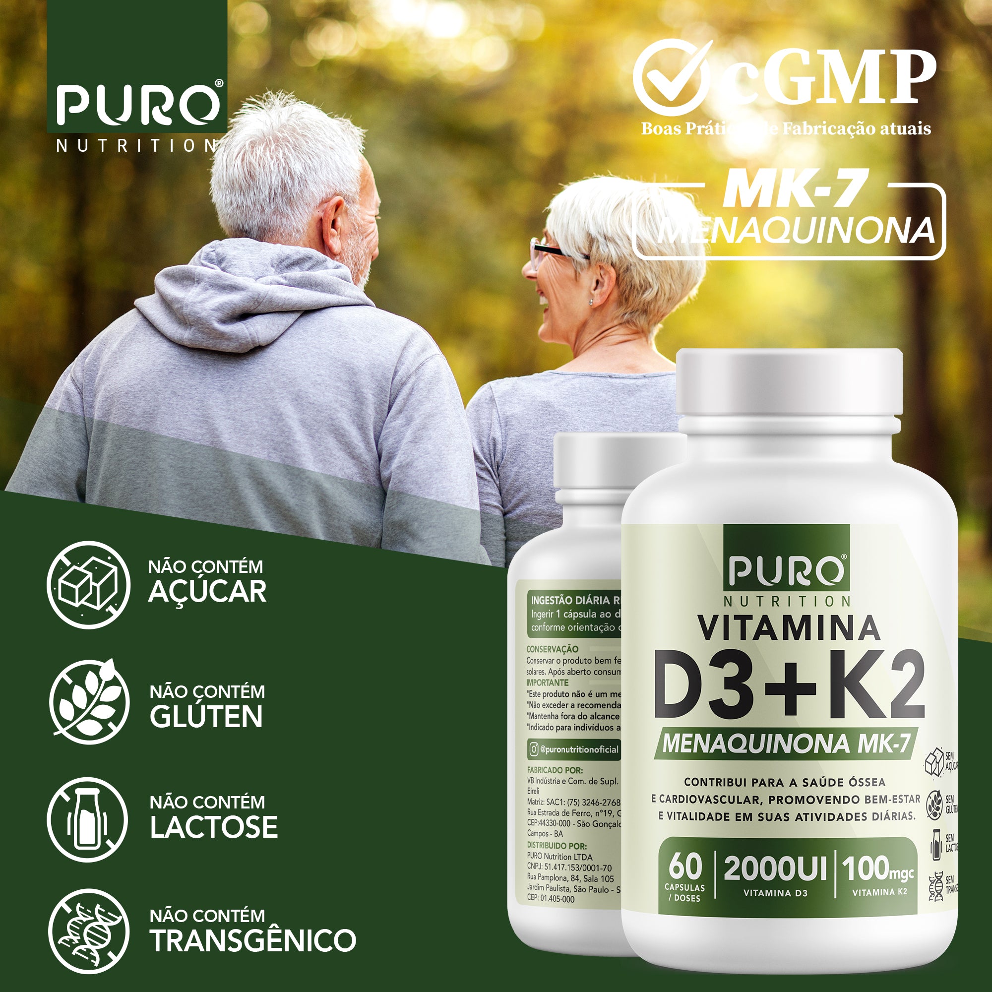 VITAMINA D3 + K2 2000 UI D3 com 100mcg de Vitamina K2 MK-7 | 60 Cápsulas