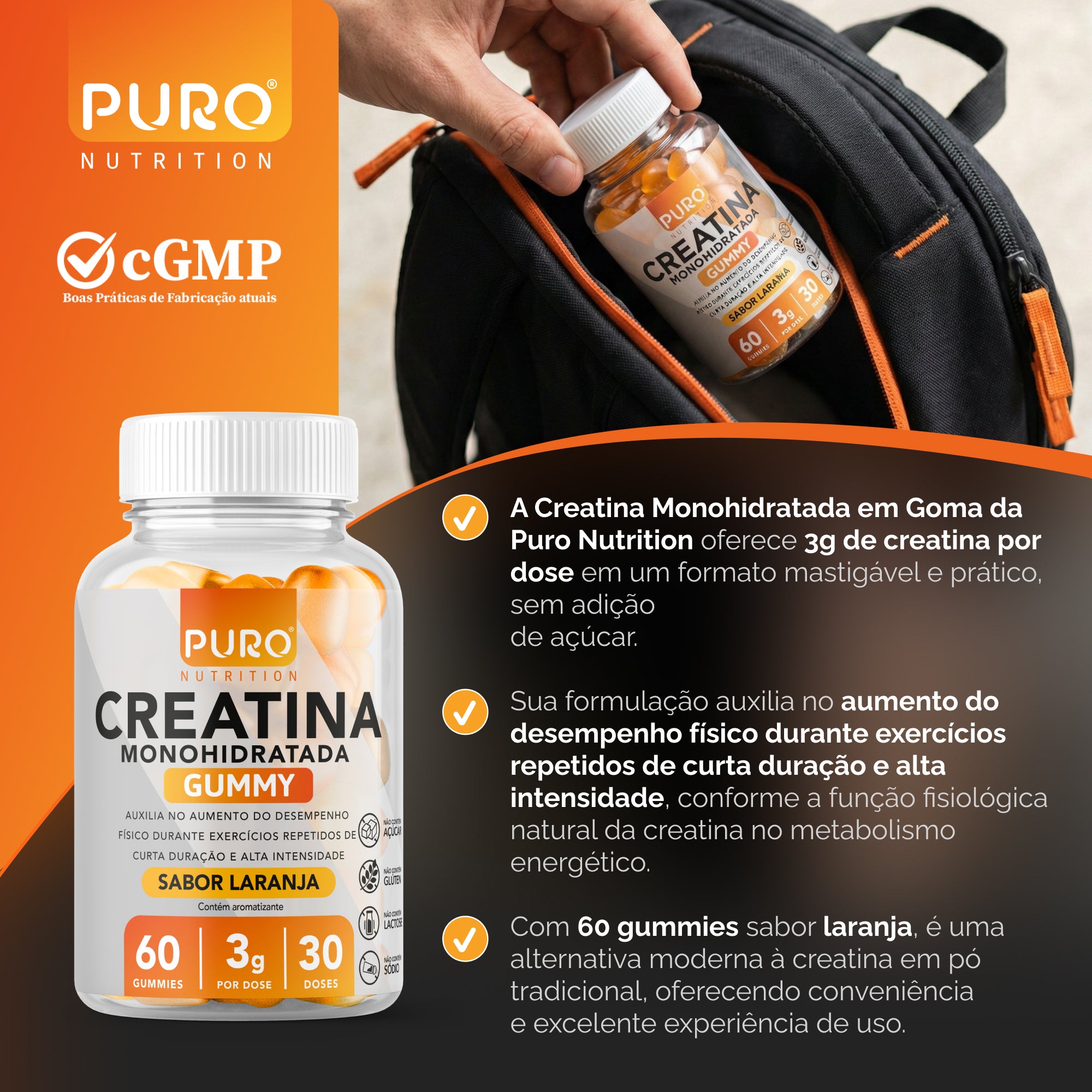 CREATINA GUMMY 3g de Creatina Monohidratada Por Dose | 60 Gummies (30 doses) | Sabor Laranja | Zero Açúcar