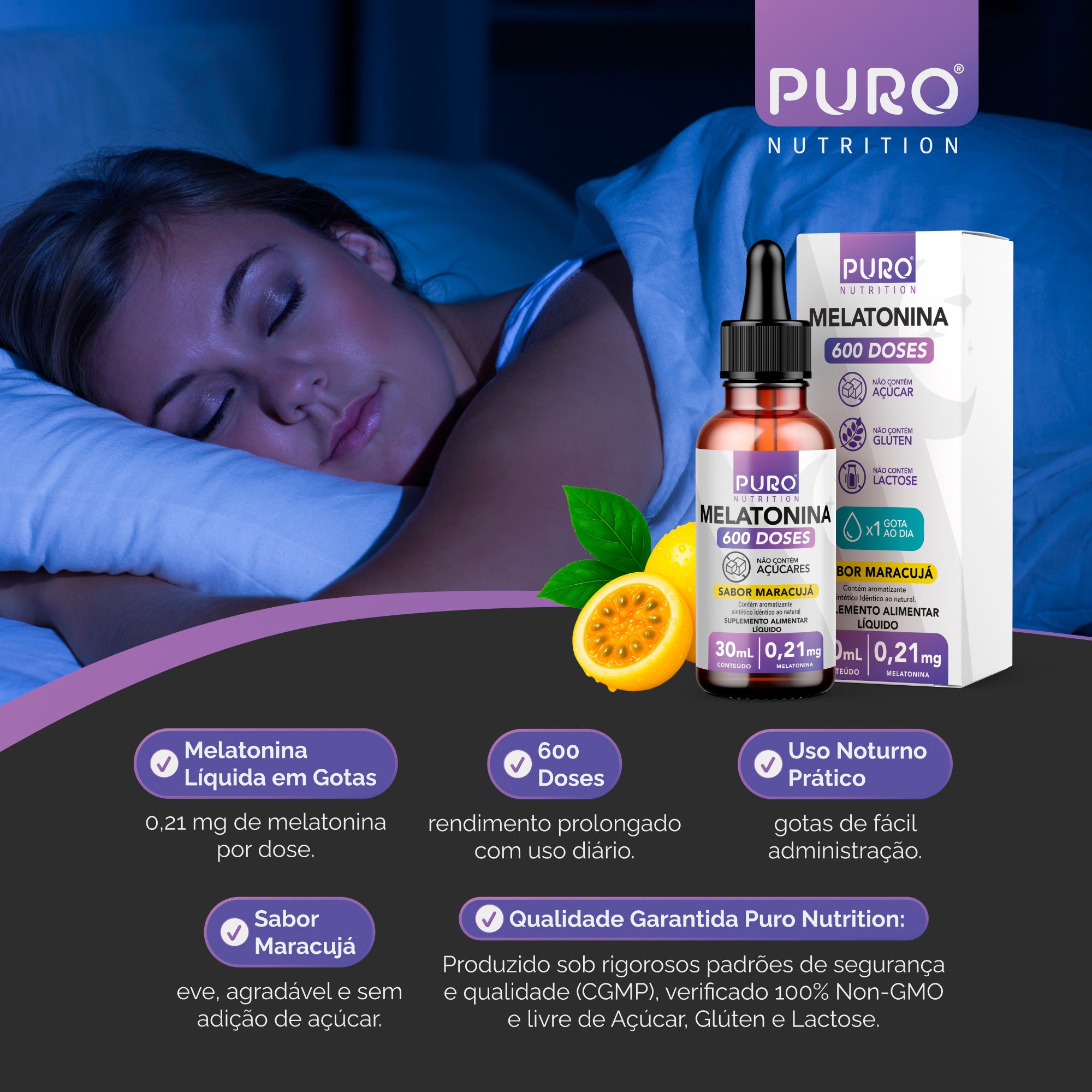 MELATONINA em Gotas 30 mL | 210 mcg por Gota | 600 Doses | Sabor Maracujá