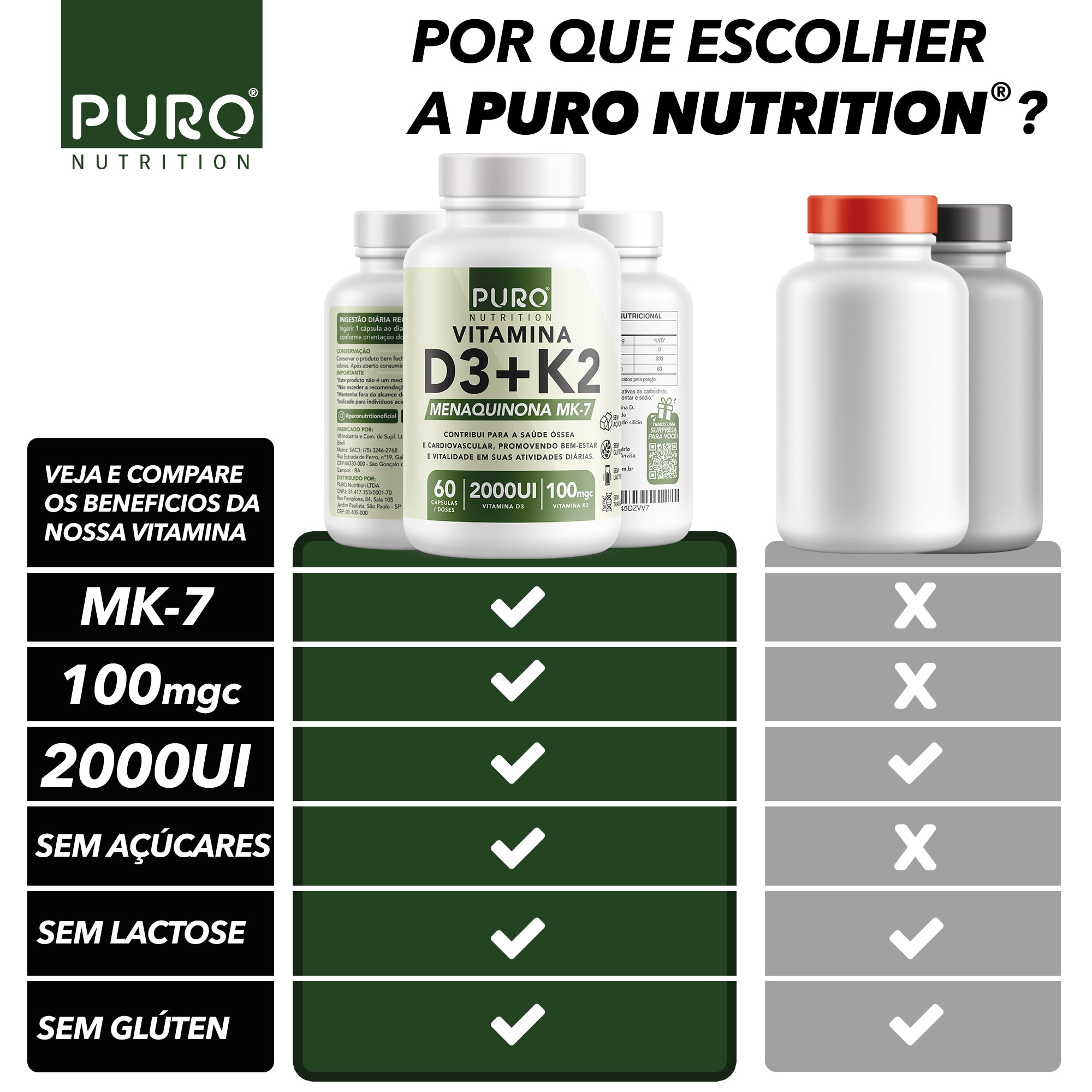 VITAMINA D3 + K2 2000 UI D3 com 100mcg de Vitamina K2 MK-7 | 60 Cápsulas