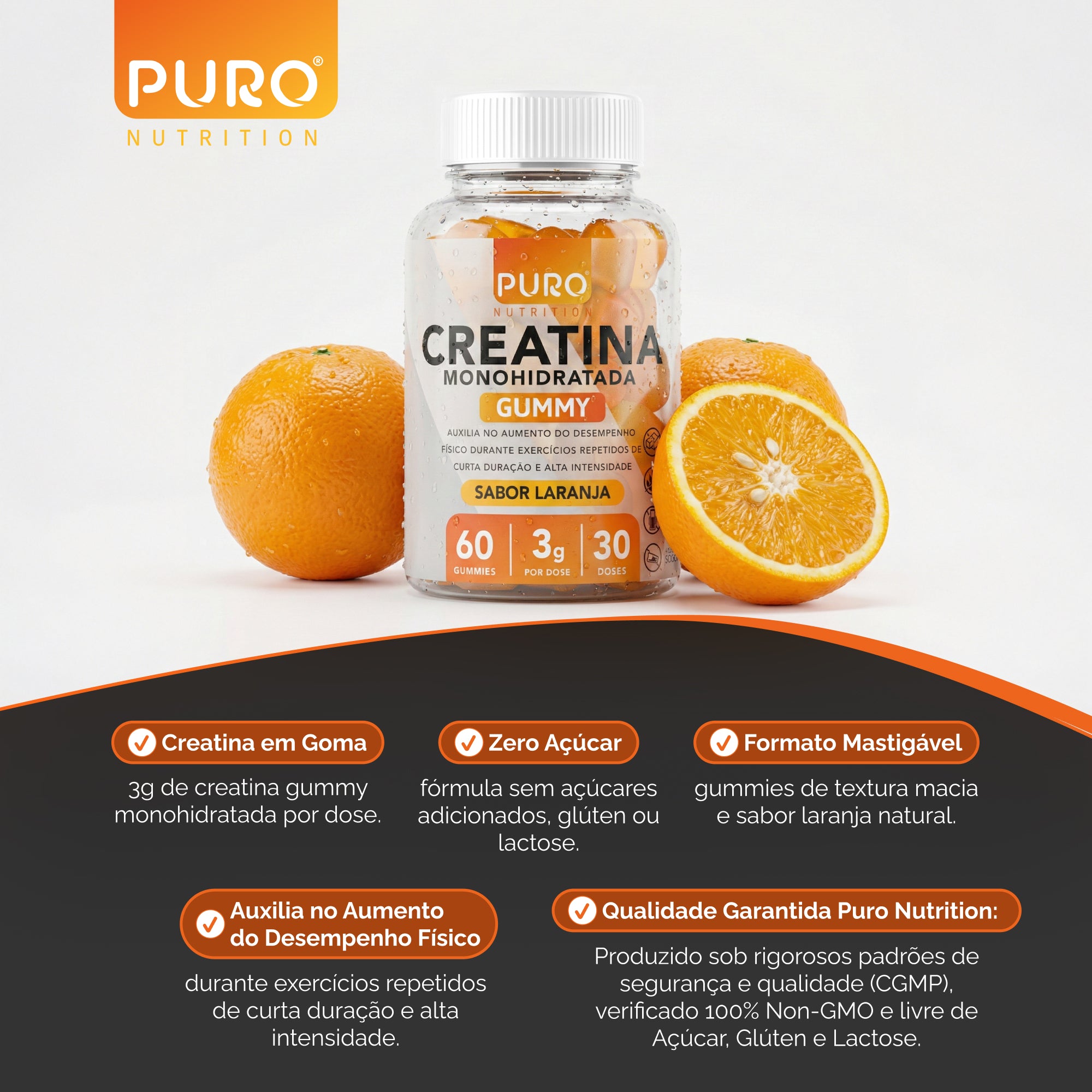 CREATINA GUMMY 3g de Creatina Monohidratada Por Dose | 60 Gummies (30 doses) | Sabor Laranja | Zero Açúcar