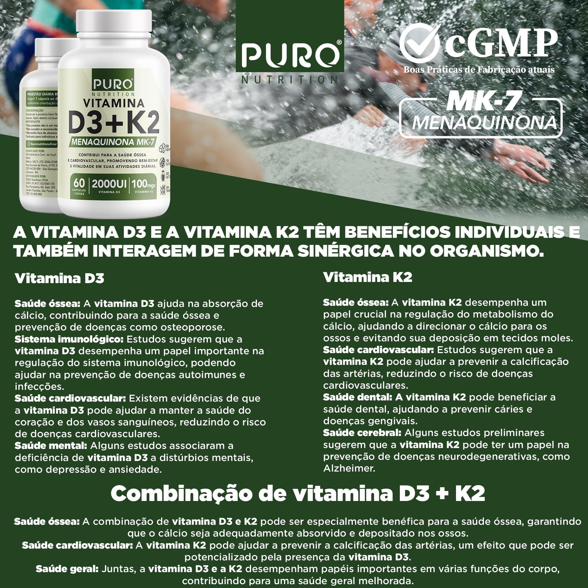 VITAMINA D3 + K2 2000 UI D3 com 100mcg de Vitamina K2 MK-7 | 60 Cápsulas