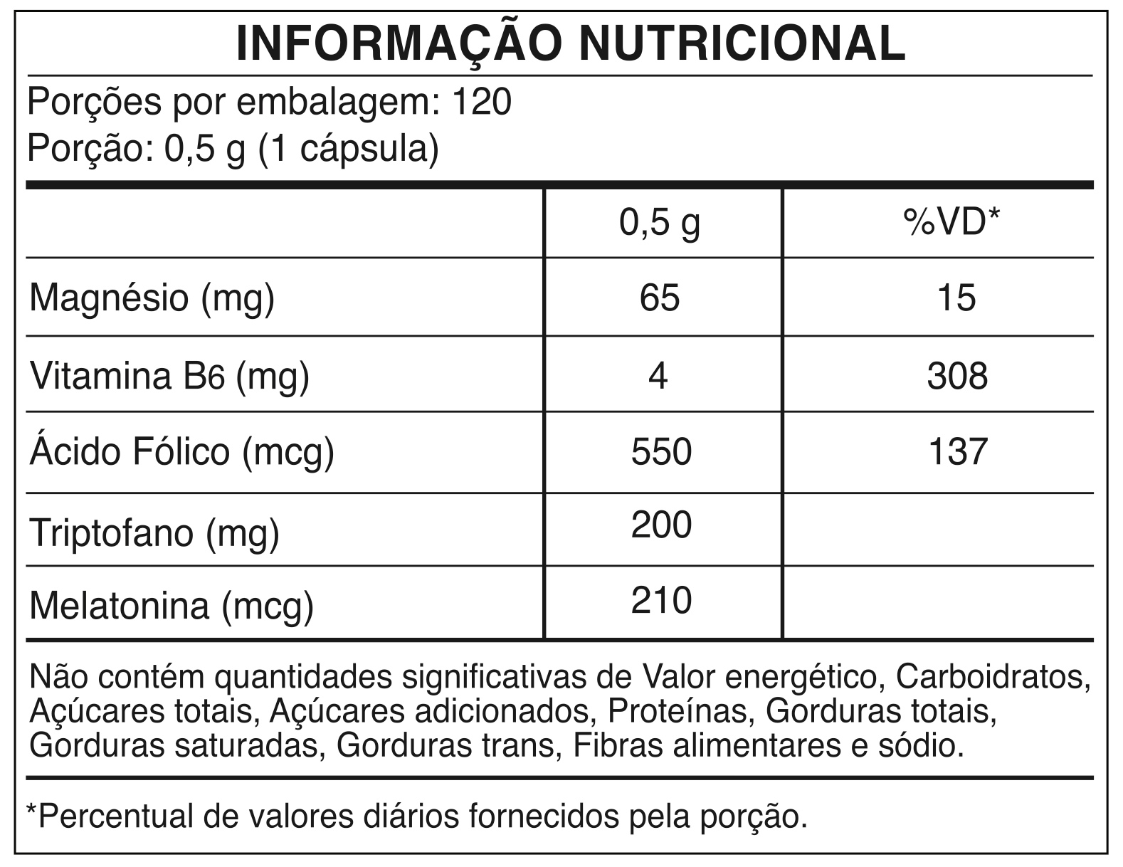 Tabela nutricional - MELATONINA + 210 mcg | Com Triptofano, Magnésio, Ácido Fólico e Vitamina B6 | 120 Cápsulas