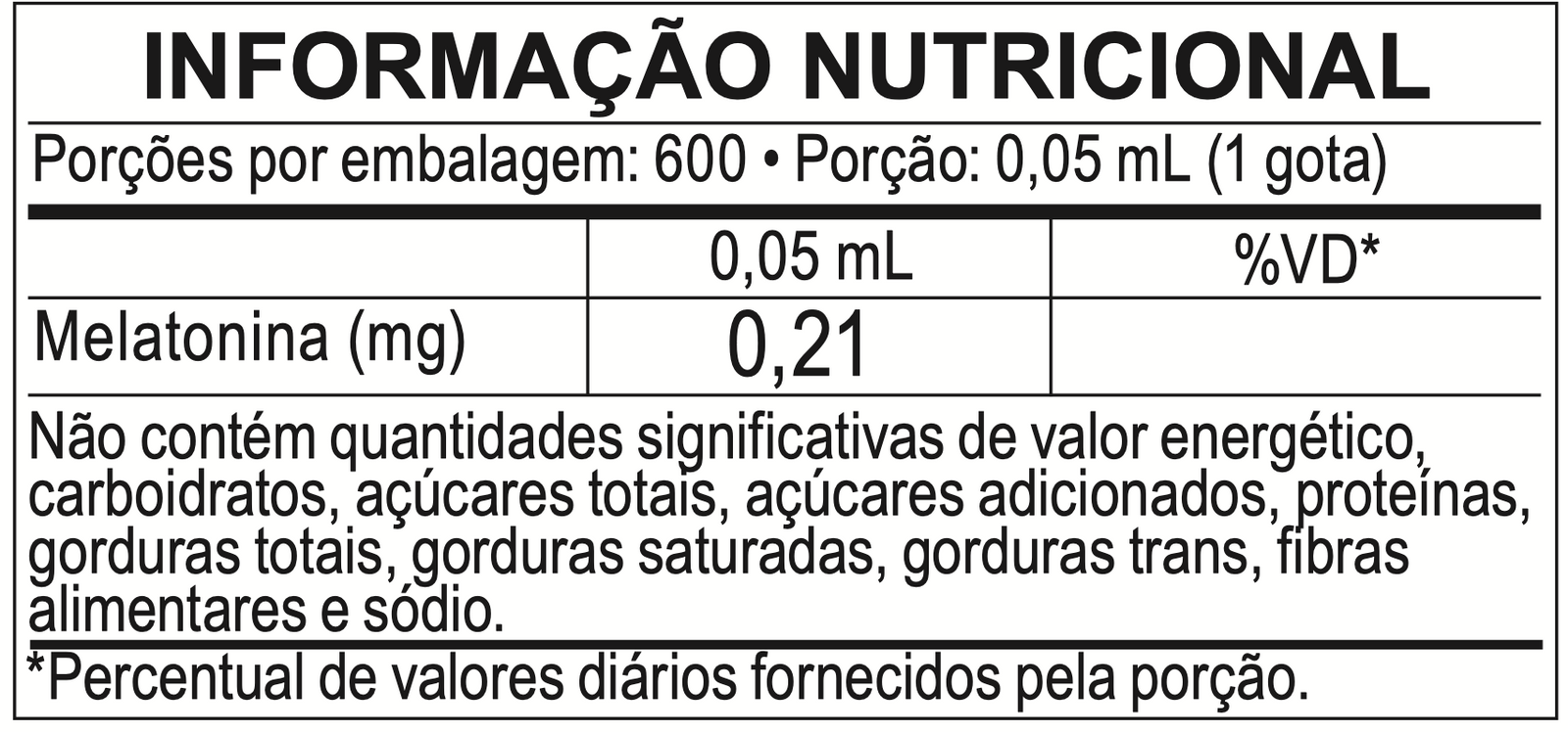 Tabela nutricional - MELATONINA em Gotas 30 mL | 210 mcg por Gota | 600 Doses | Sabor Maracujá