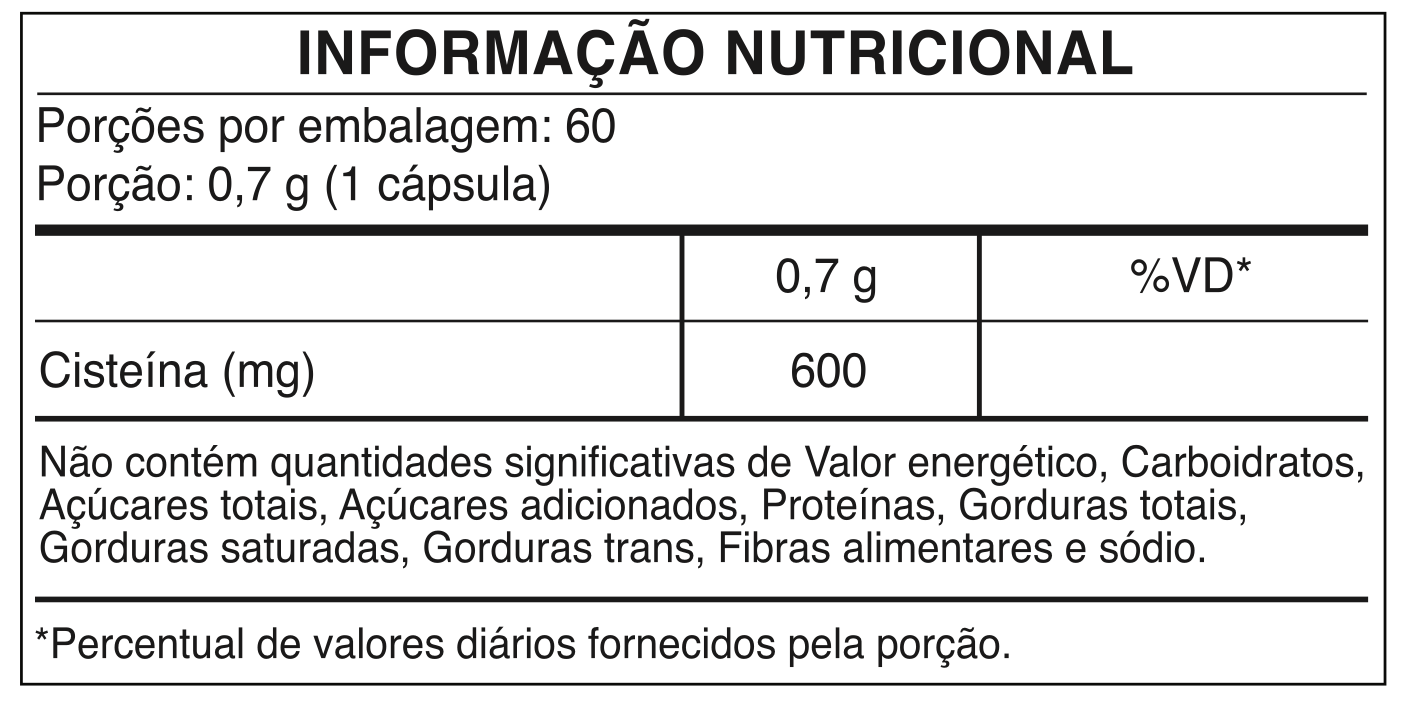 Tabela nutricional - NAC N-Acetil L-Cisteína 600mg | 60 Cápsulas | Suplemento Vegano