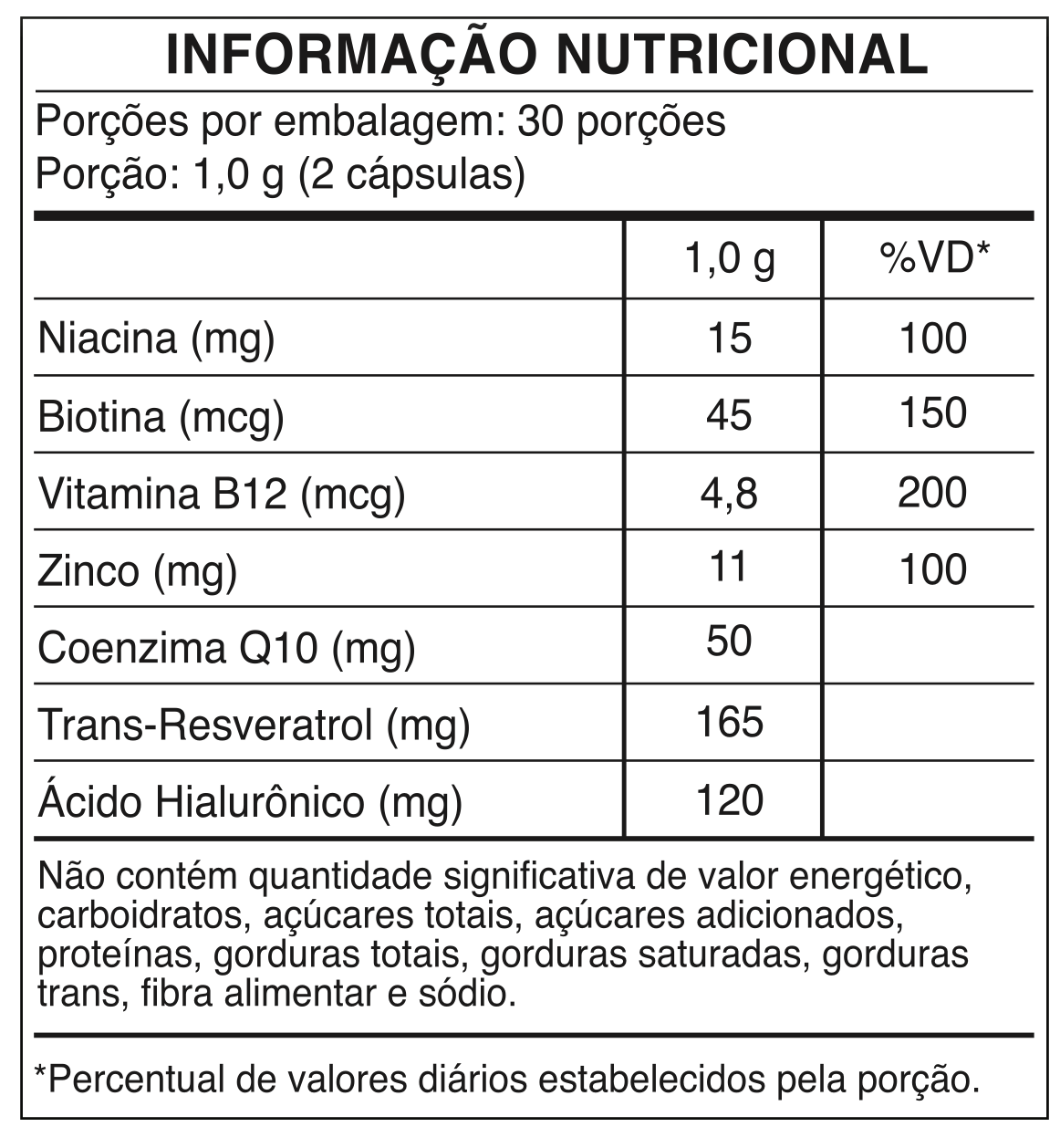 Tabela nutricional - RESVERATROL Trans 165 mg com Coenzima Q10 e Ácido Hialurônico | 60 Cápsulas