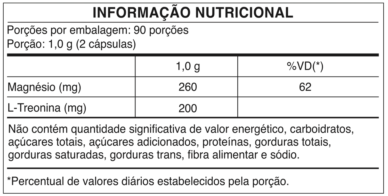 Tabela nutricional - TREONATO MAGNÉSIO + L-TREONINA 460mg | 180 Cápsulas