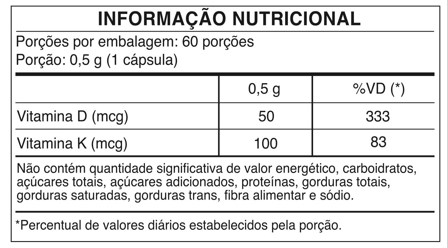 Tabela nutricional - VITAMINA D3 + K2 2000 UI D3 com 100mcg de Vitamina K2 MK-7 | 60 Cápsulas