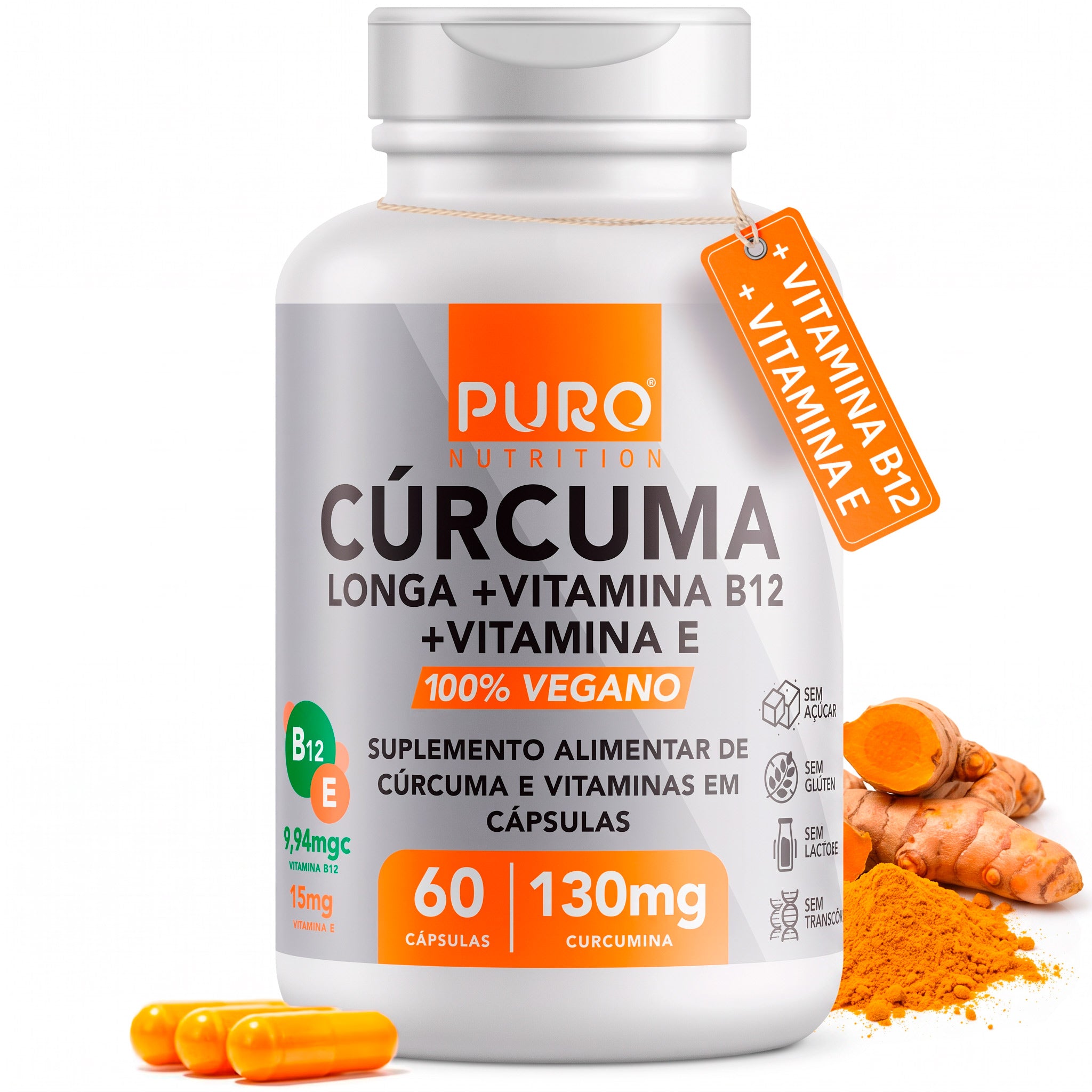 CÚRCUMA em Cápsulas 130 mg com Vitamina B12 + Vitamina E | 60 Cápsulas | Suplemento Vegano