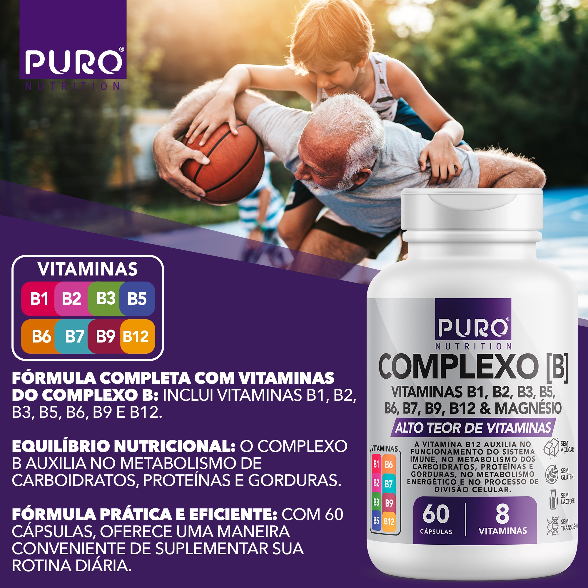 COMPLEXO B com Vitaminas B1, B2, B3, B5, B6, B9, B12 e Magnésio | 60 Cápsulas