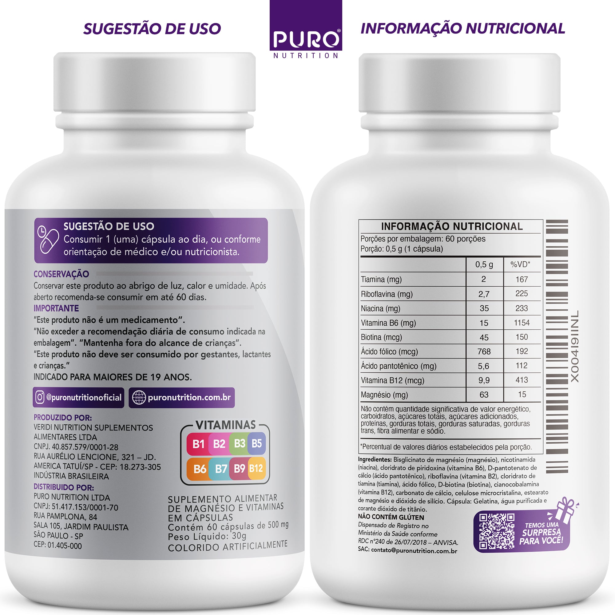COMPLEXO B com Vitaminas B1, B2, B3, B5, B6, B9, B12 e Magnésio | 60 Cápsulas